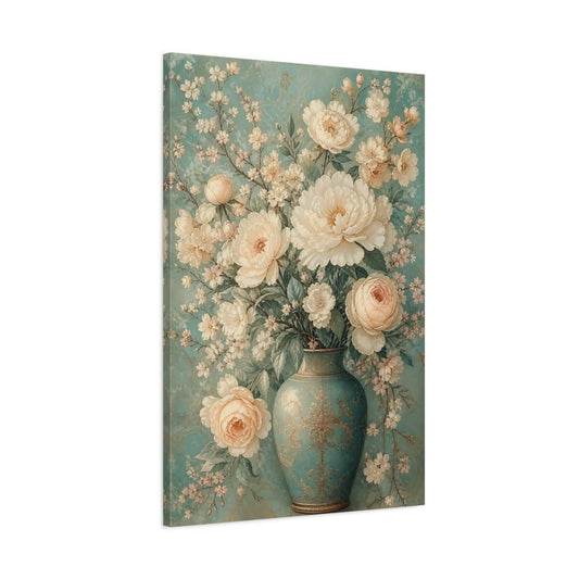 Floral Bouquet Teal And Cream Canvas Print Wall Art – Vintage Living Room, Above Console Table - YesArtYes