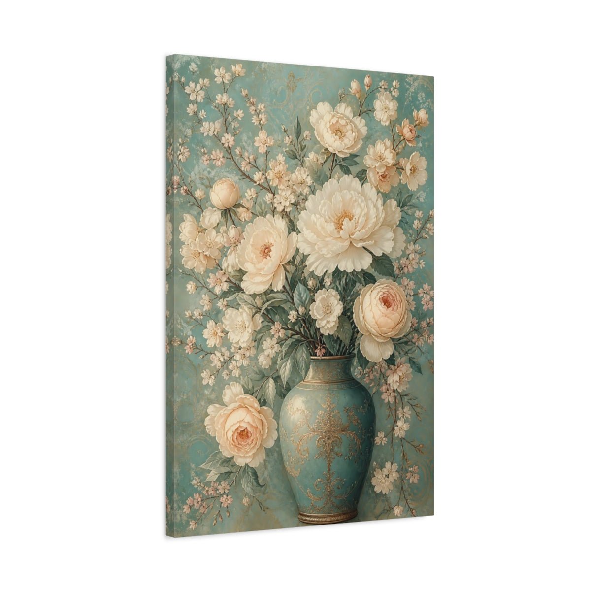 Floral Bouquet Teal And Cream Canvas Print Wall Art – Vintage Living Room, Above Console Table - YesArtYes
