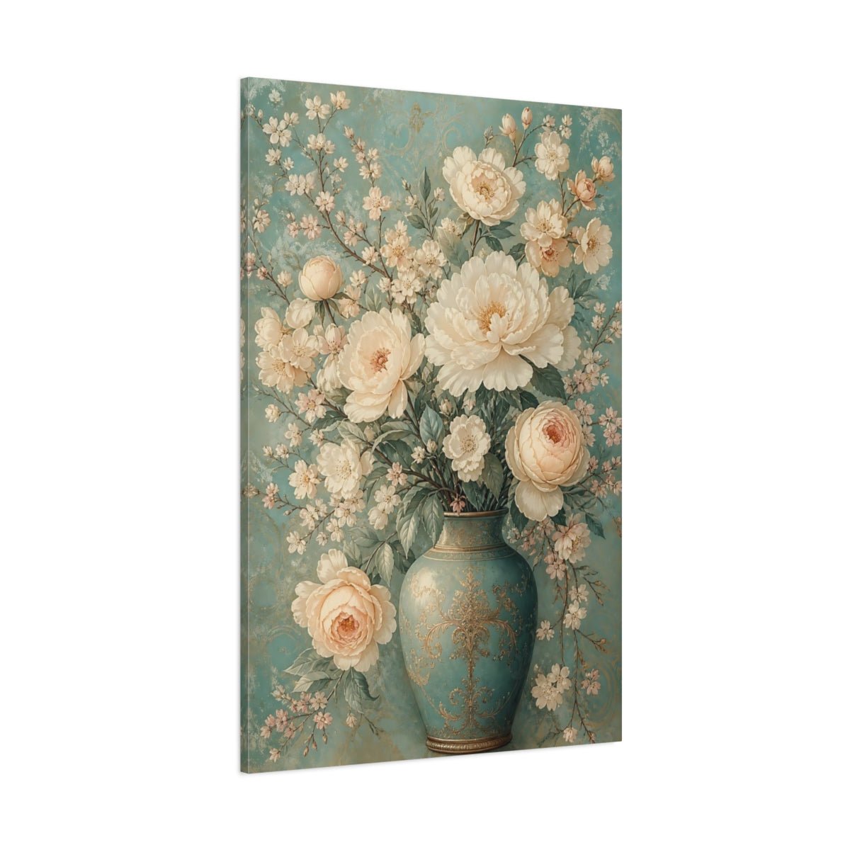 Floral Bouquet Teal And Cream Canvas Print Wall Art – Vintage Living Room, Above Console Table - YesArtYes