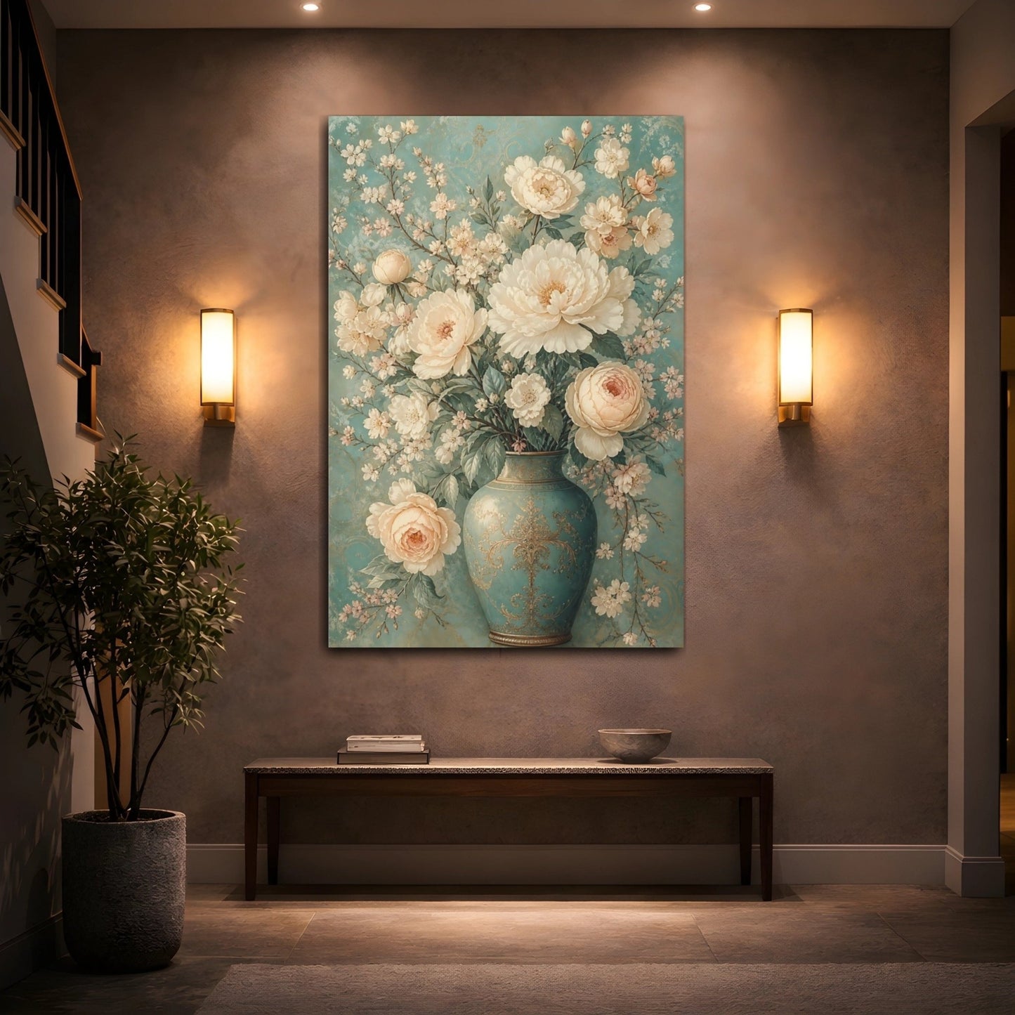 Floral Bouquet Teal And Cream Canvas Print Wall Art – Vintage Living Room, Above Console Table - YesArtYes