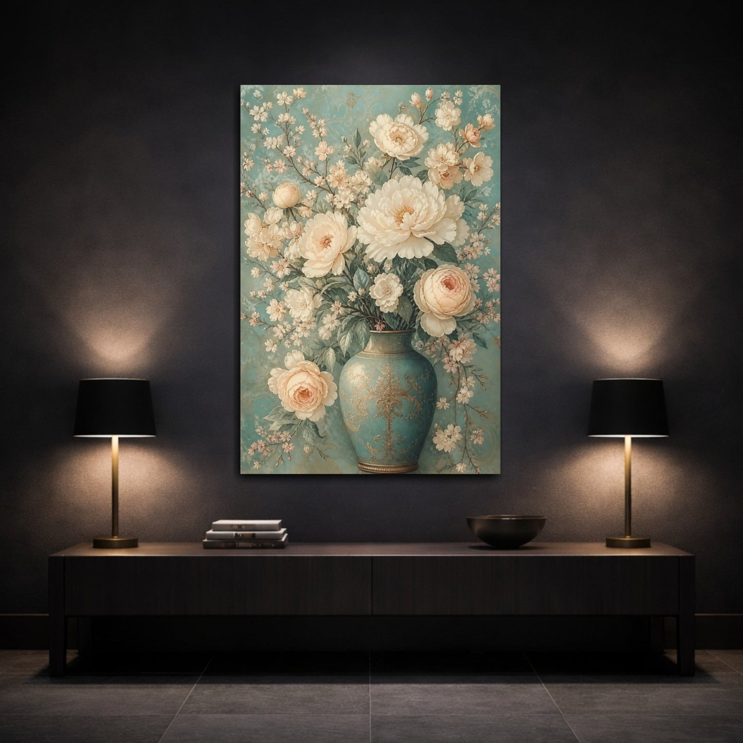 Floral Bouquet Teal And Cream Canvas Print Wall Art – Vintage Living Room, Above Console Table - YesArtYes