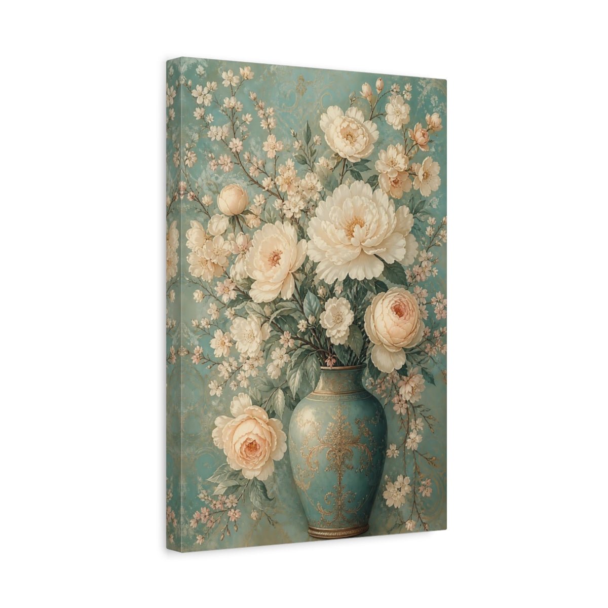 Floral Bouquet Teal And Cream Canvas Print Wall Art – Vintage Living Room, Above Console Table - YesArtYes