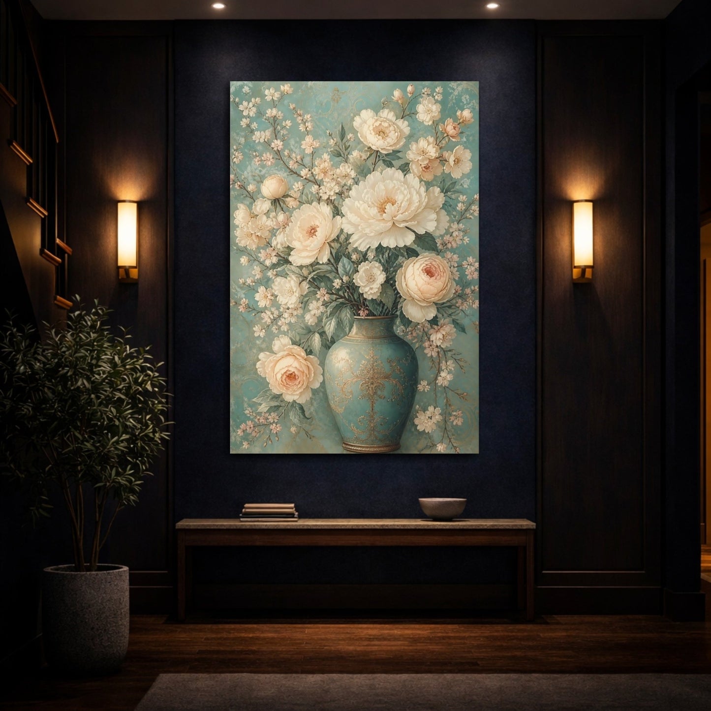 Floral Bouquet Teal And Cream Canvas Print Wall Art – Vintage Living Room, Above Console Table - YesArtYes