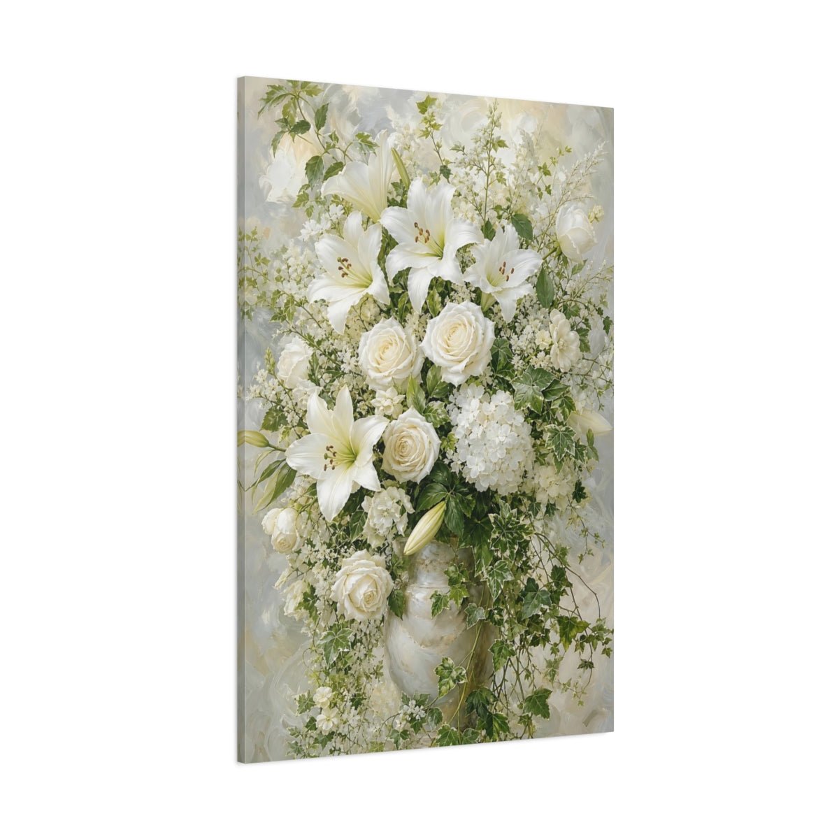 Floral Bouquet White Canvas Print – Elegant Living Room, Above Console Table - YesArtYes