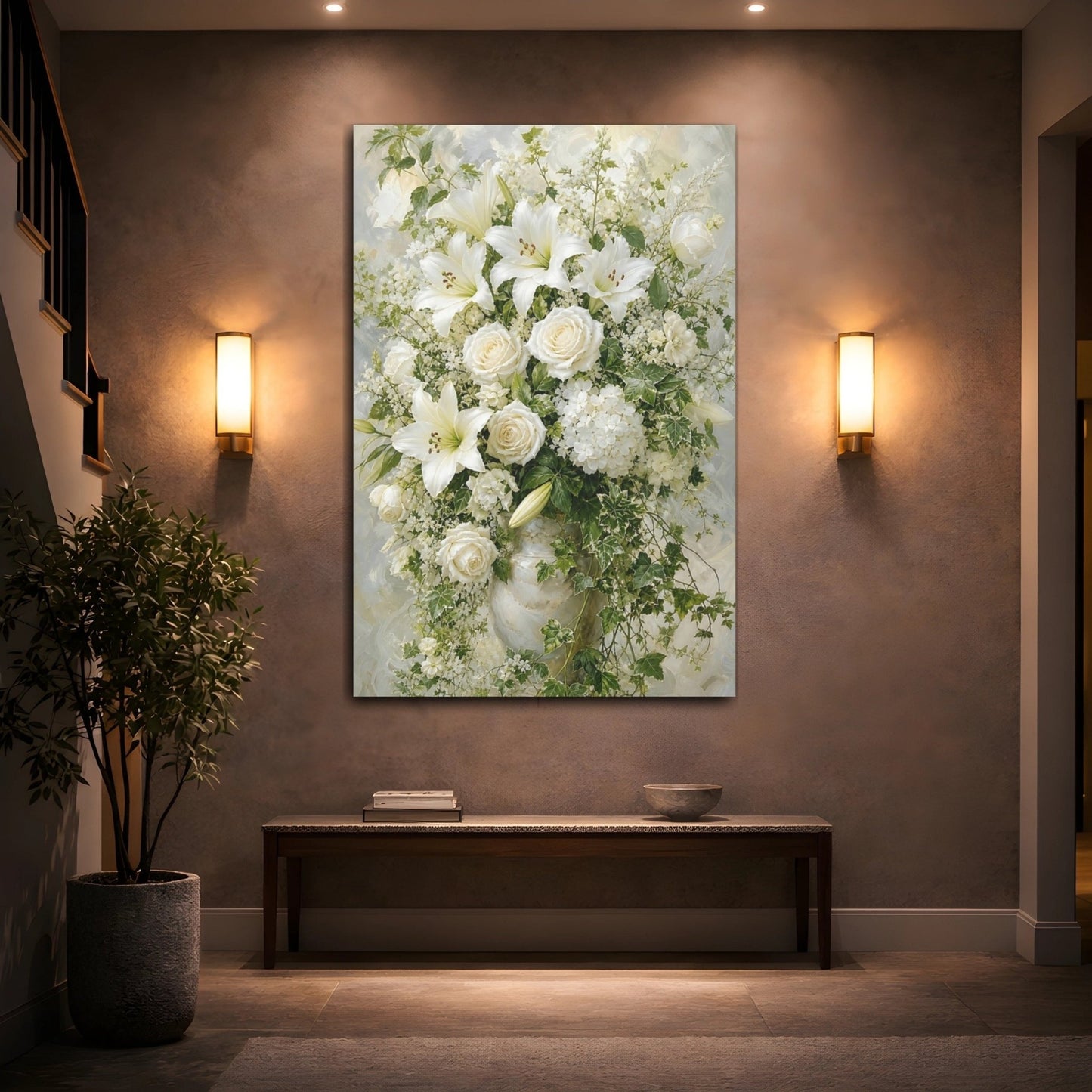 Floral Bouquet White Canvas Print – Elegant Living Room, Above Console Table - YesArtYes