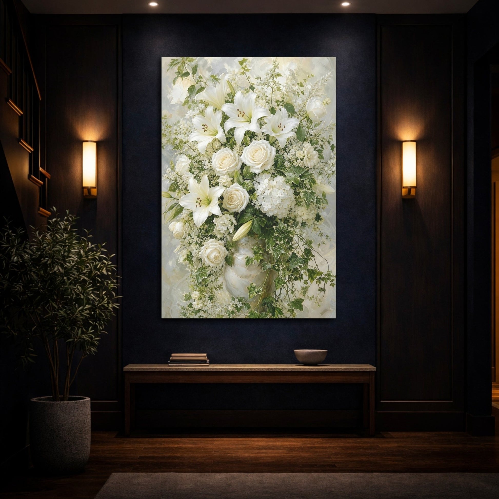Floral Bouquet White Canvas Print – Elegant Living Room, Above Console Table - YesArtYes