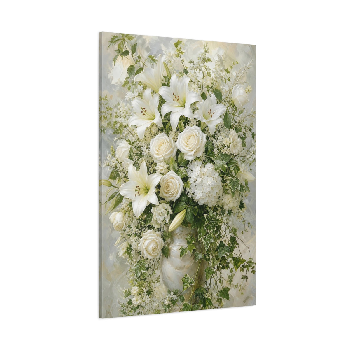 Side Mockup 1. Floral Floral Bouquet White Floral shown as canvas print