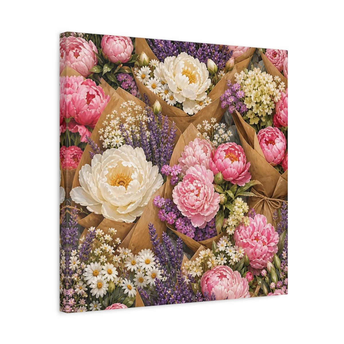 Side Mockup 5. Floral Floral Bouquets Pink Lavender Bouquets shown as stretched canvas wall art