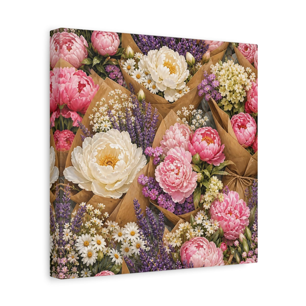 Side Mockup 8. Floral Floral Bouquets Pink Lavender Bouquets shown as stretched canvas wall art