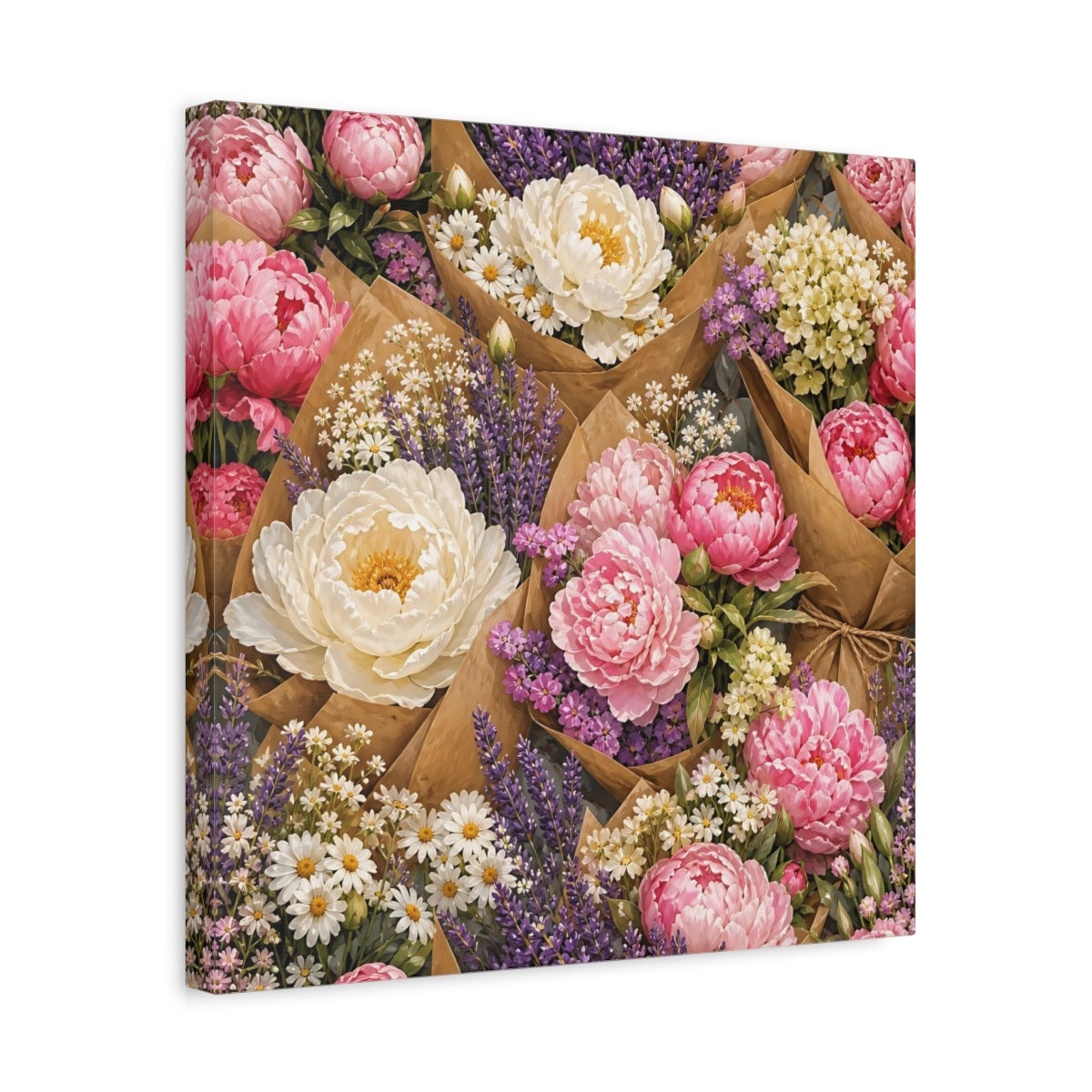 Side Mockup 6. Floral Floral Bouquets Pink Lavender Bouquets shown as stretched canvas wall art