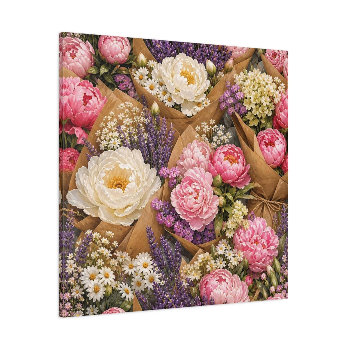 Side Mockup 1. Floral Floral Bouquets Pink Lavender Bouquets shown as stretched canvas wall art