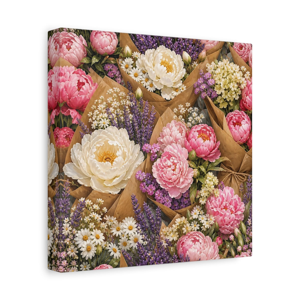 Side Mockup 9. Floral Floral Bouquets Pink Lavender Bouquets shown as stretched canvas wall art