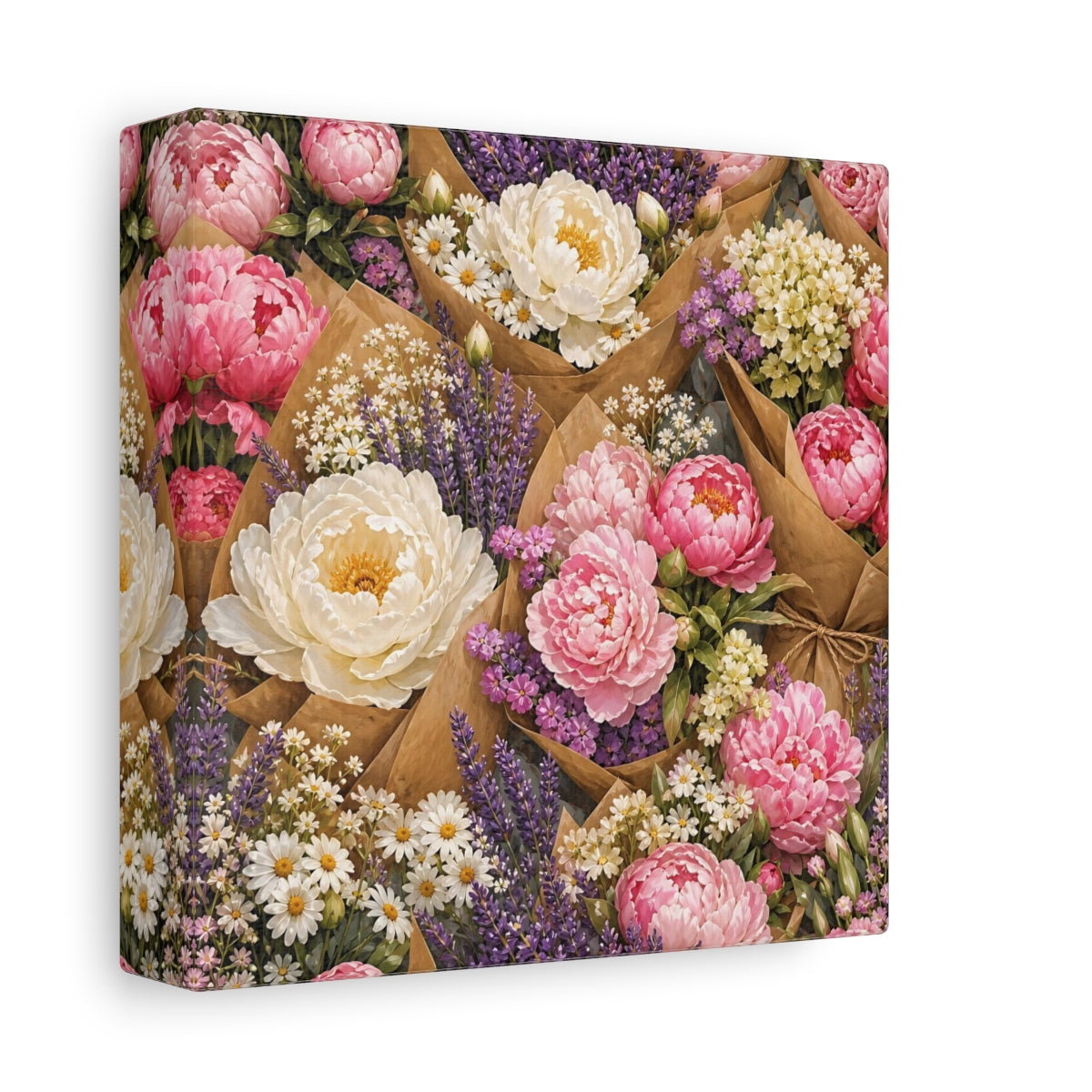 Side Mockup 2. Floral Floral Bouquets Pink Lavender Bouquets shown as stretched canvas wall art