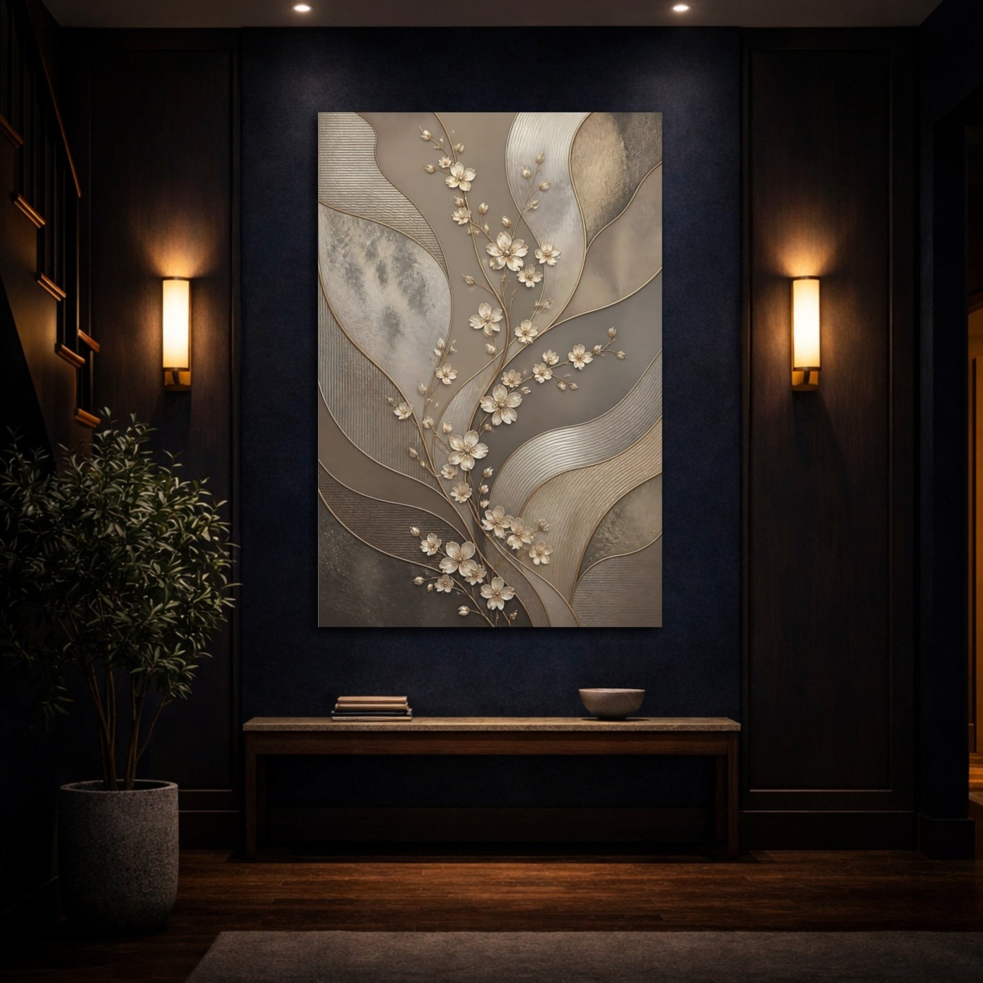 Floral Branch Taupe And Gold Canvas Print – Living Room, Above Couch - YesArtYes