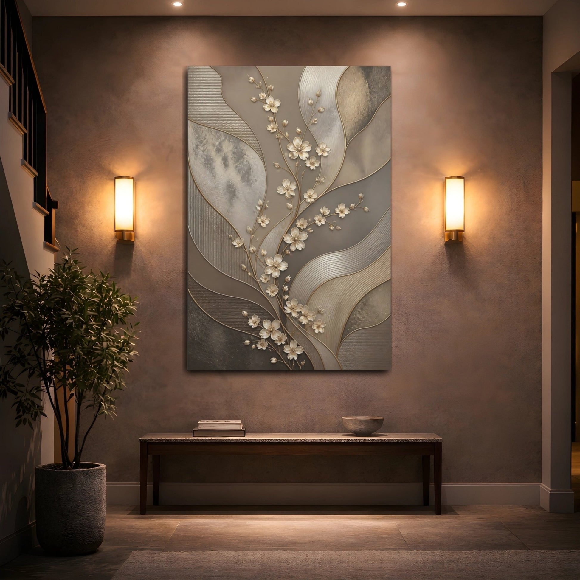 Floral Branch Taupe And Gold Canvas Print – Living Room, Above Couch - YesArtYes