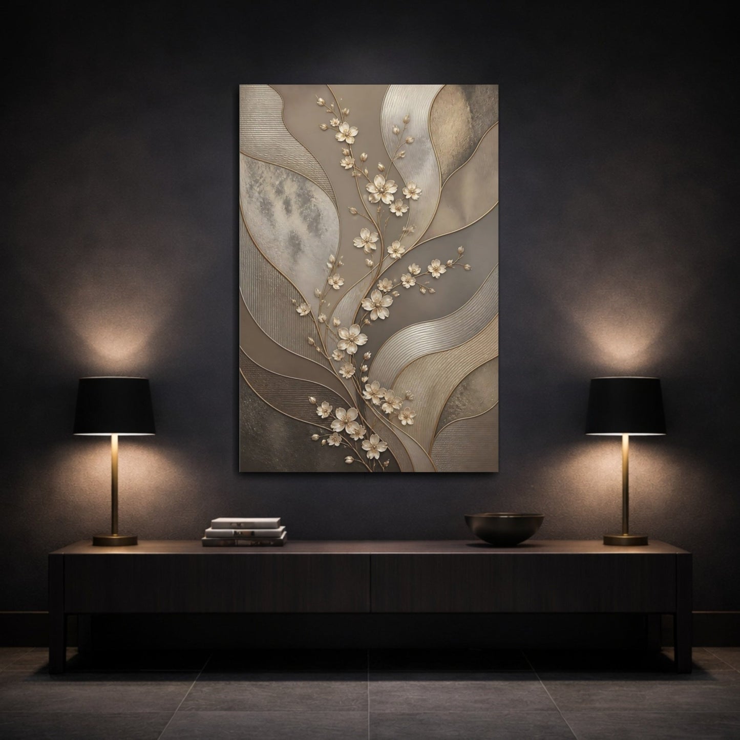 Floral Branch Taupe And Gold Canvas Print – Living Room, Above Couch - YesArtYes
