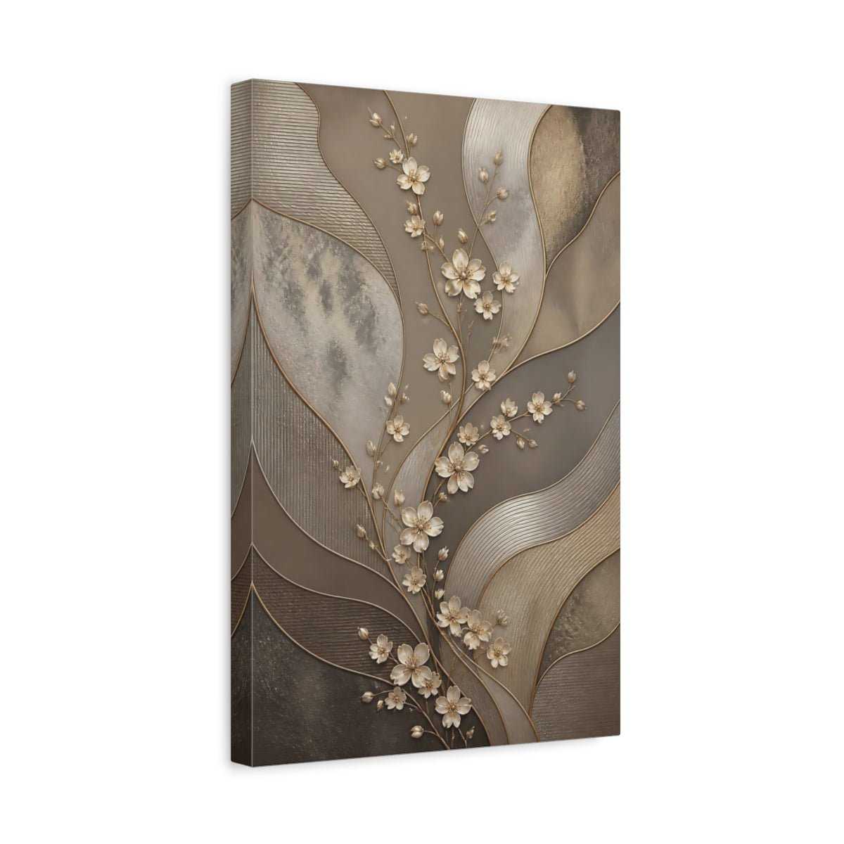 Floral Branch Taupe And Gold Canvas Print – Living Room, Above Couch - YesArtYes
