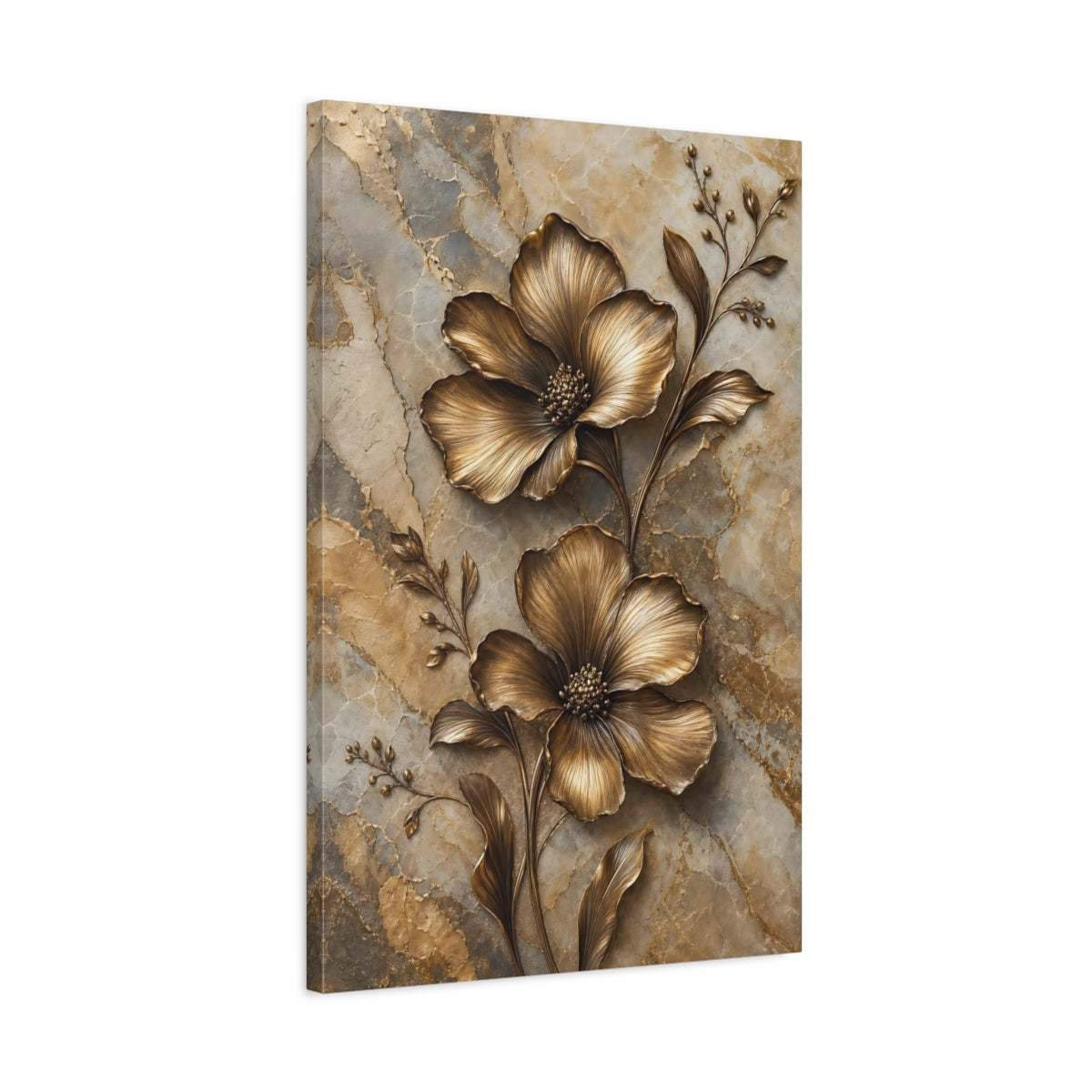 Side Mockup 2. Floral Bronze Flowers Gold Marble Floral shown as stretched canvas wall art