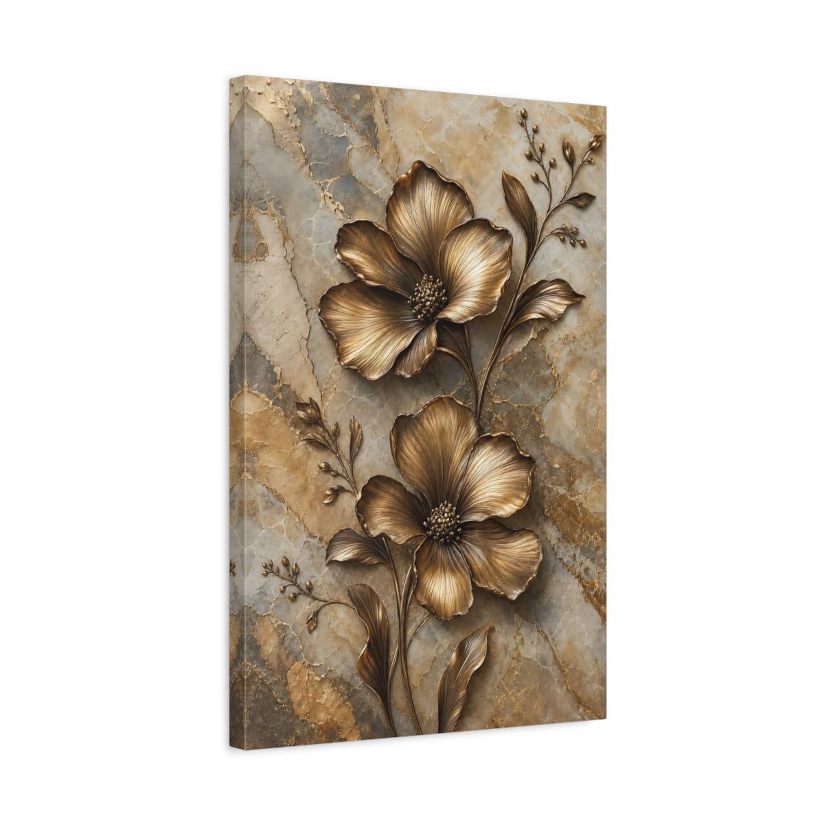 Side Mockup 3. Floral Bronze Flowers Gold Marble Floral shown as stretched canvas wall art