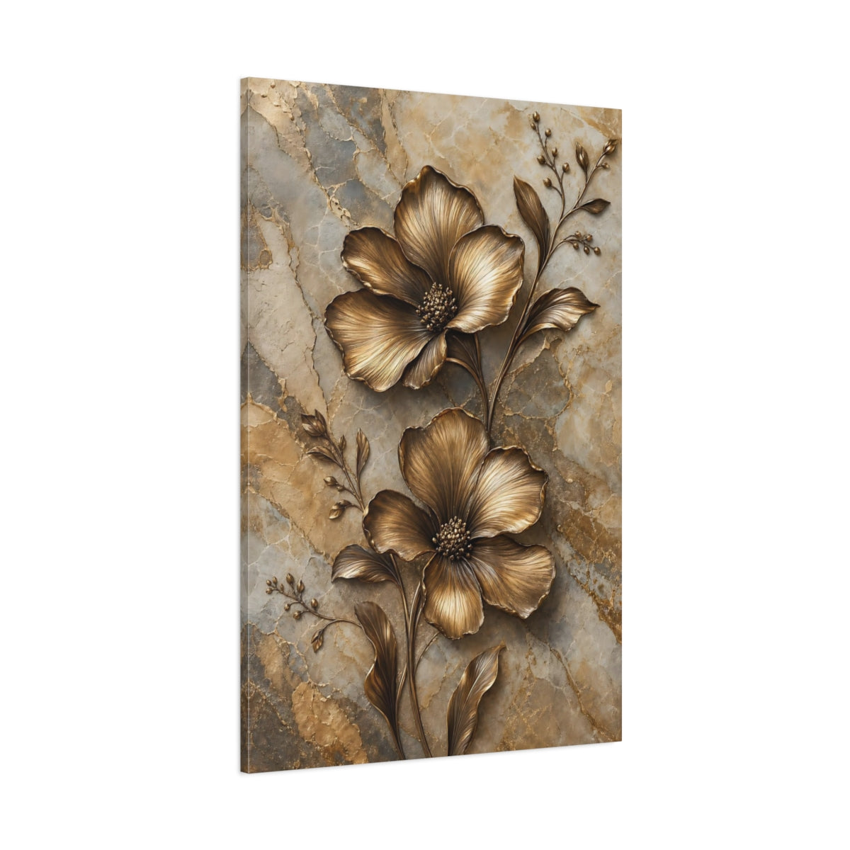 Side Mockup 1. Floral Bronze Flowers Gold Marble Floral shown as stretched canvas wall art