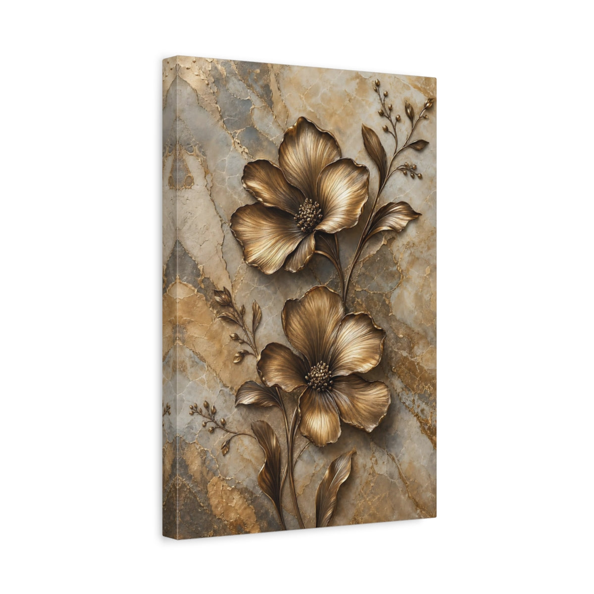 Side Mockup 4. Floral Bronze Flowers Gold Marble Floral shown as stretched canvas wall art