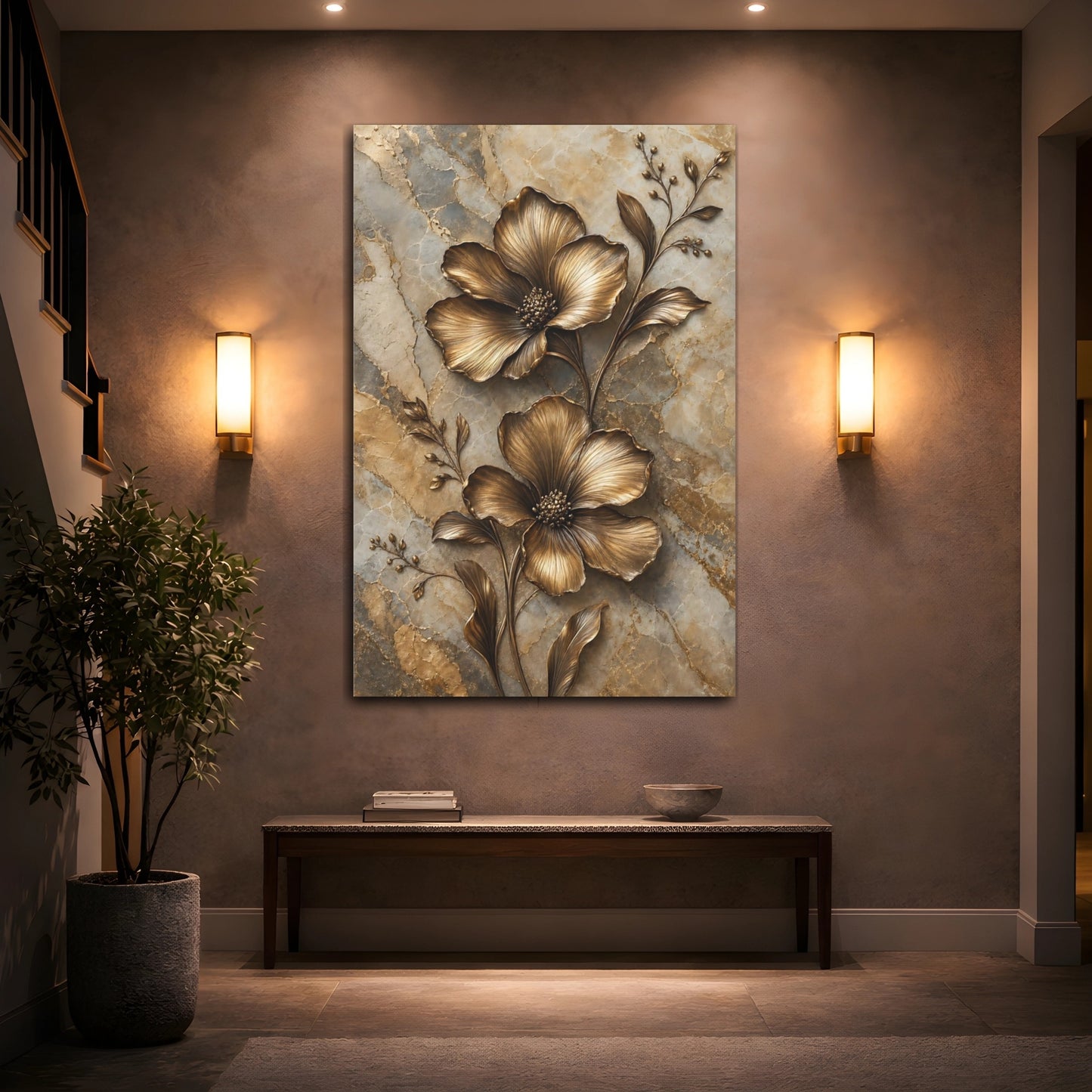 Mockup 2. Floral Bronze Flowers Gold Marble Floral shown as stretched canvas wall art