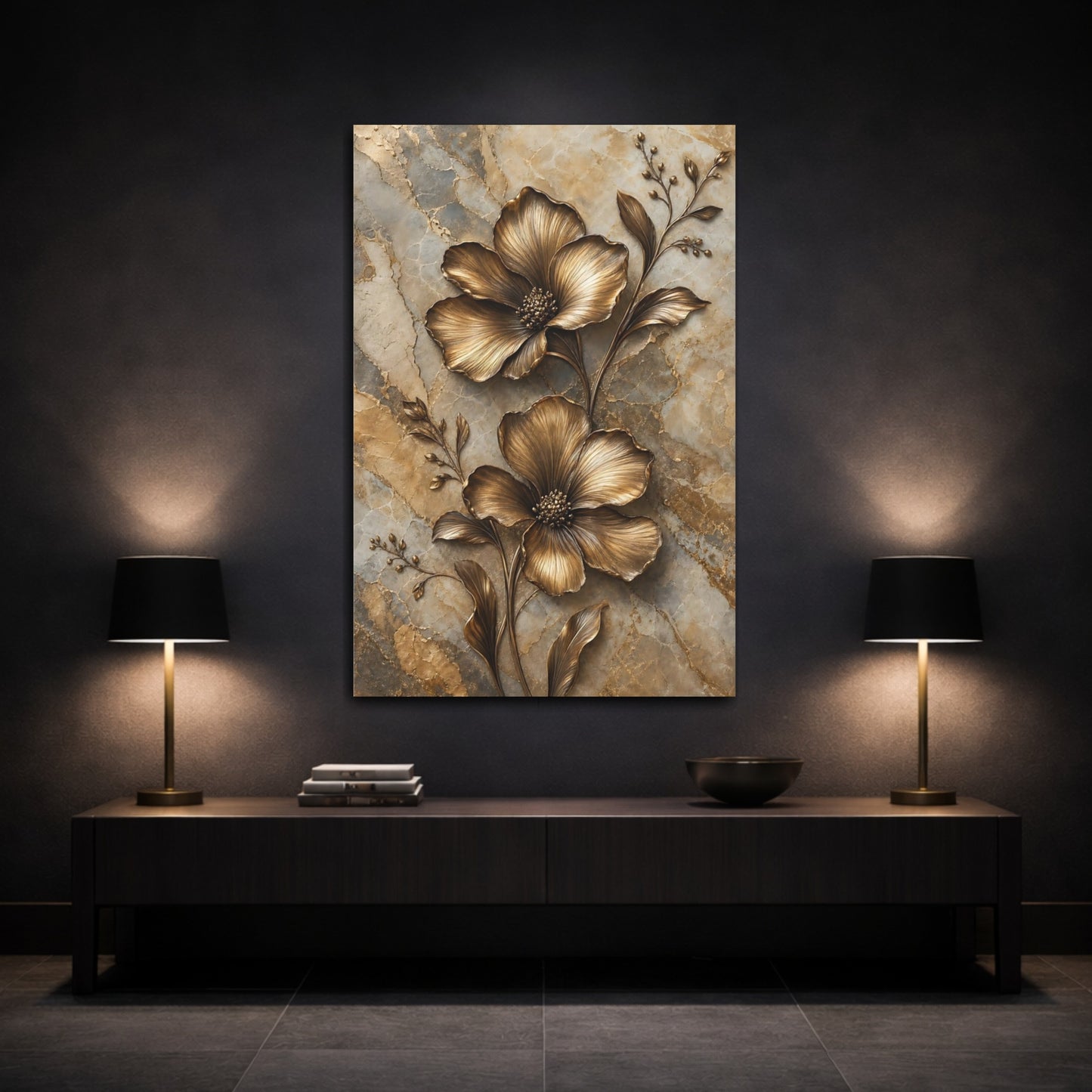 Mockup 3. Floral Bronze Flowers Gold Marble Floral shown as stretched canvas wall art