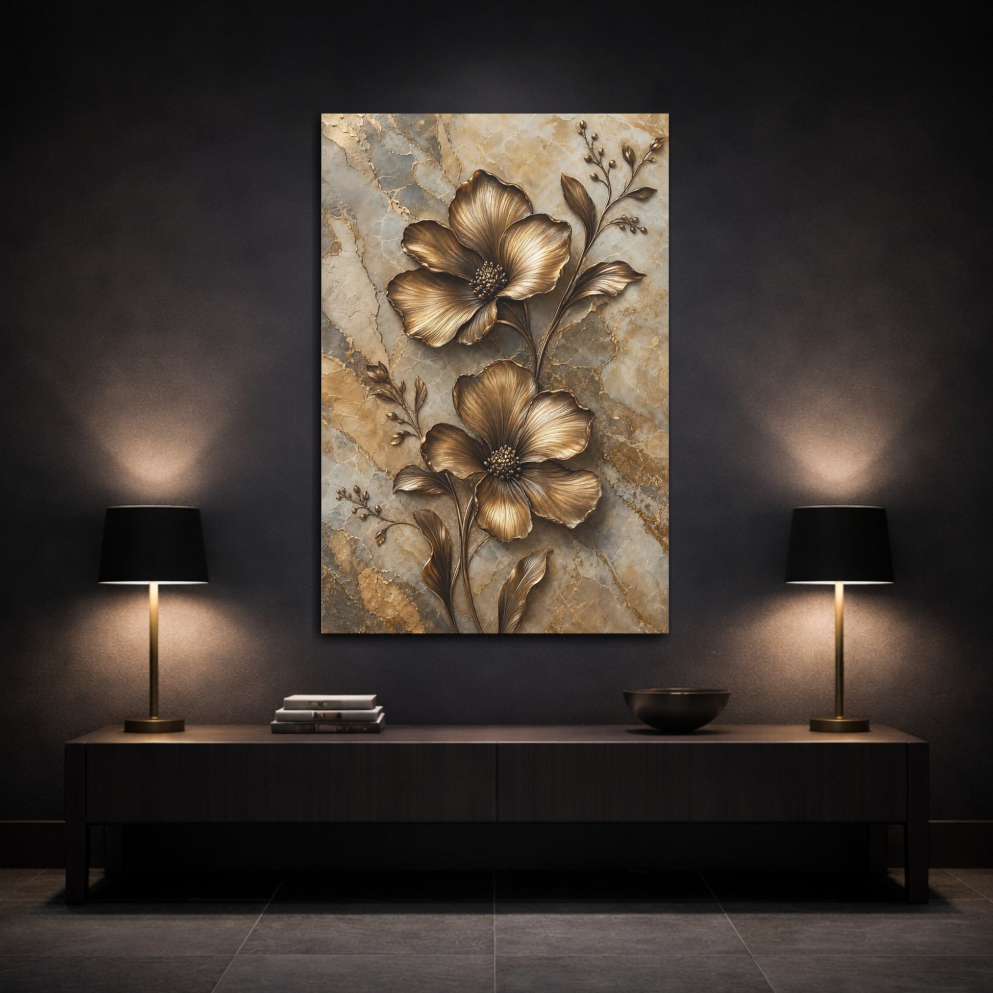 Mockup 3. Floral Bronze Flowers Gold Marble Floral shown as stretched canvas wall art