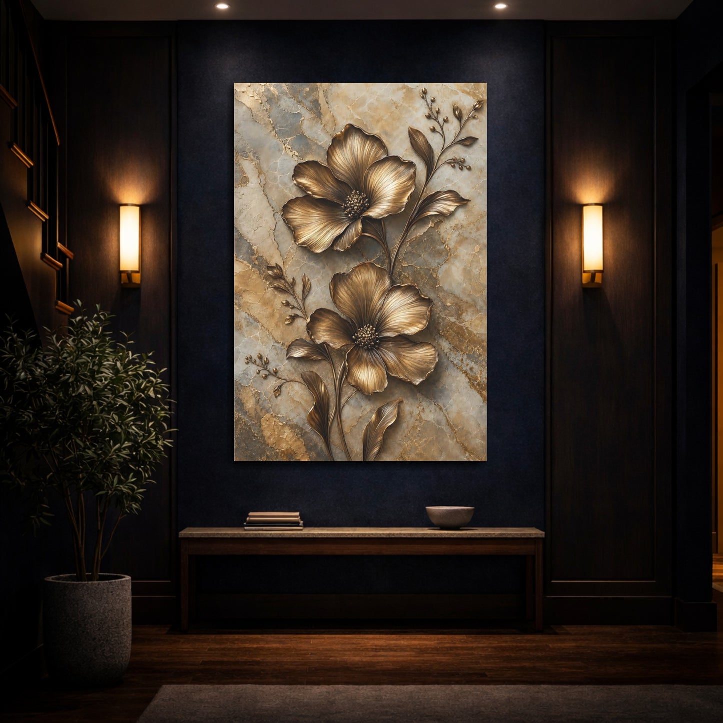Mockup 4. Floral Bronze Flowers Gold Marble Floral shown as stretched canvas wall art