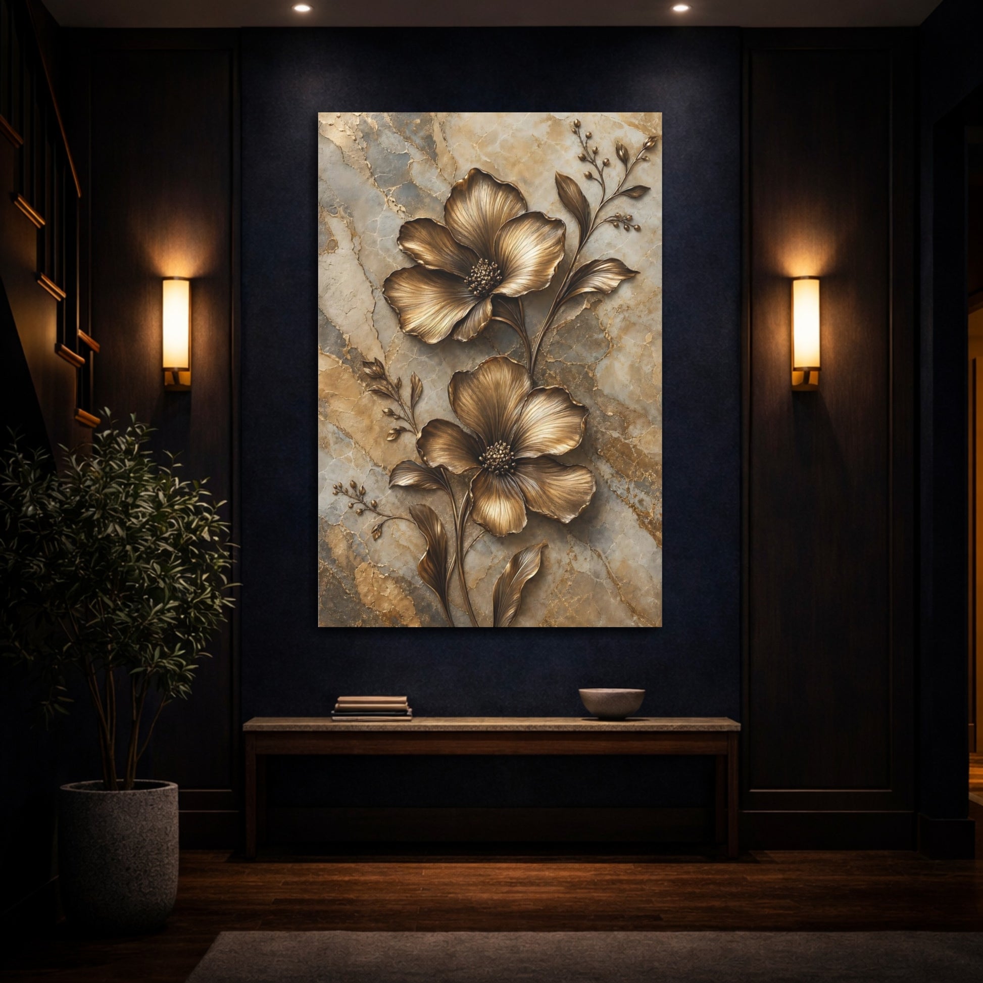 Mockup 4. Floral Bronze Flowers Gold Marble Floral shown as stretched canvas wall art