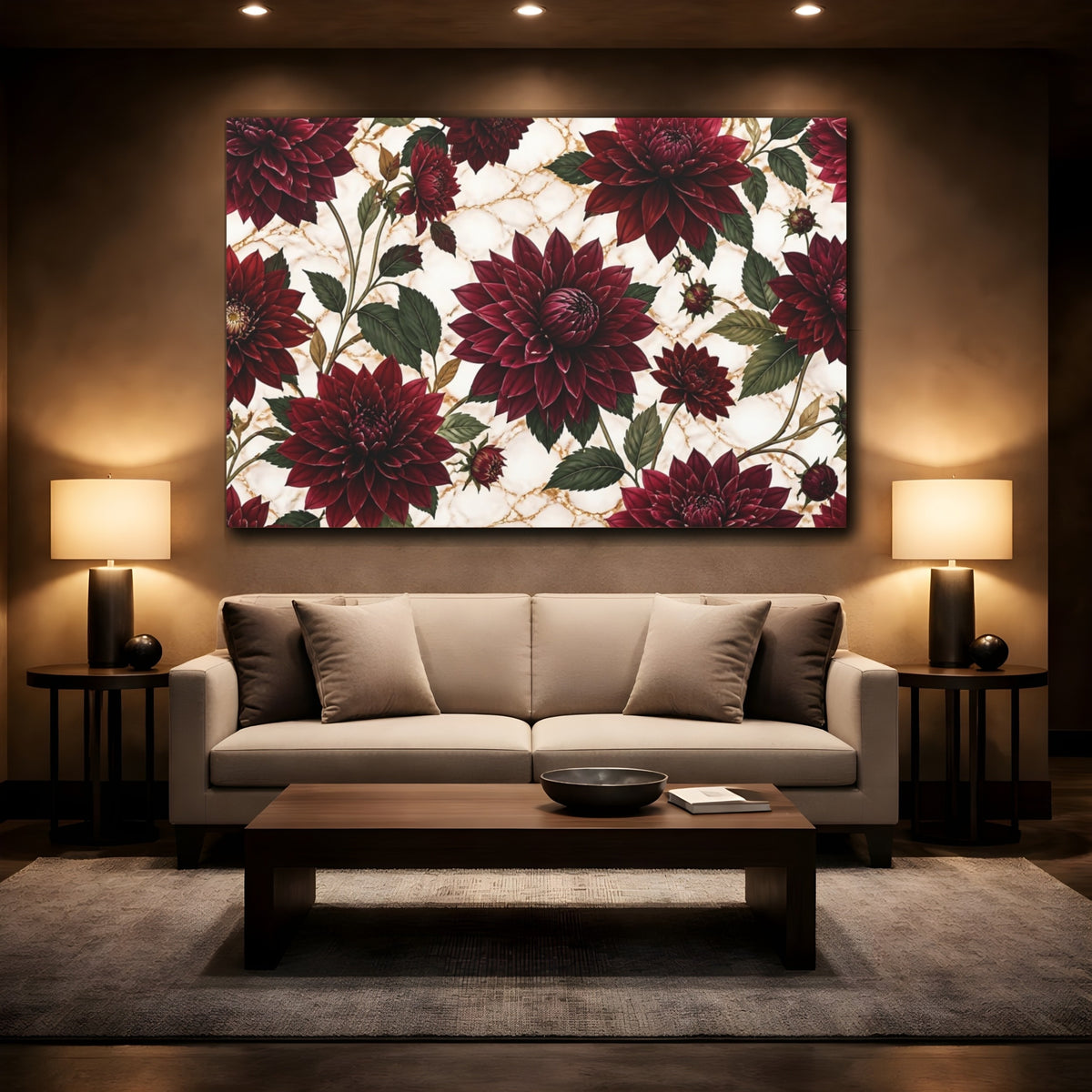 Mockup 2. Floral Burgundy Dahlia Pattern shown as canvas print