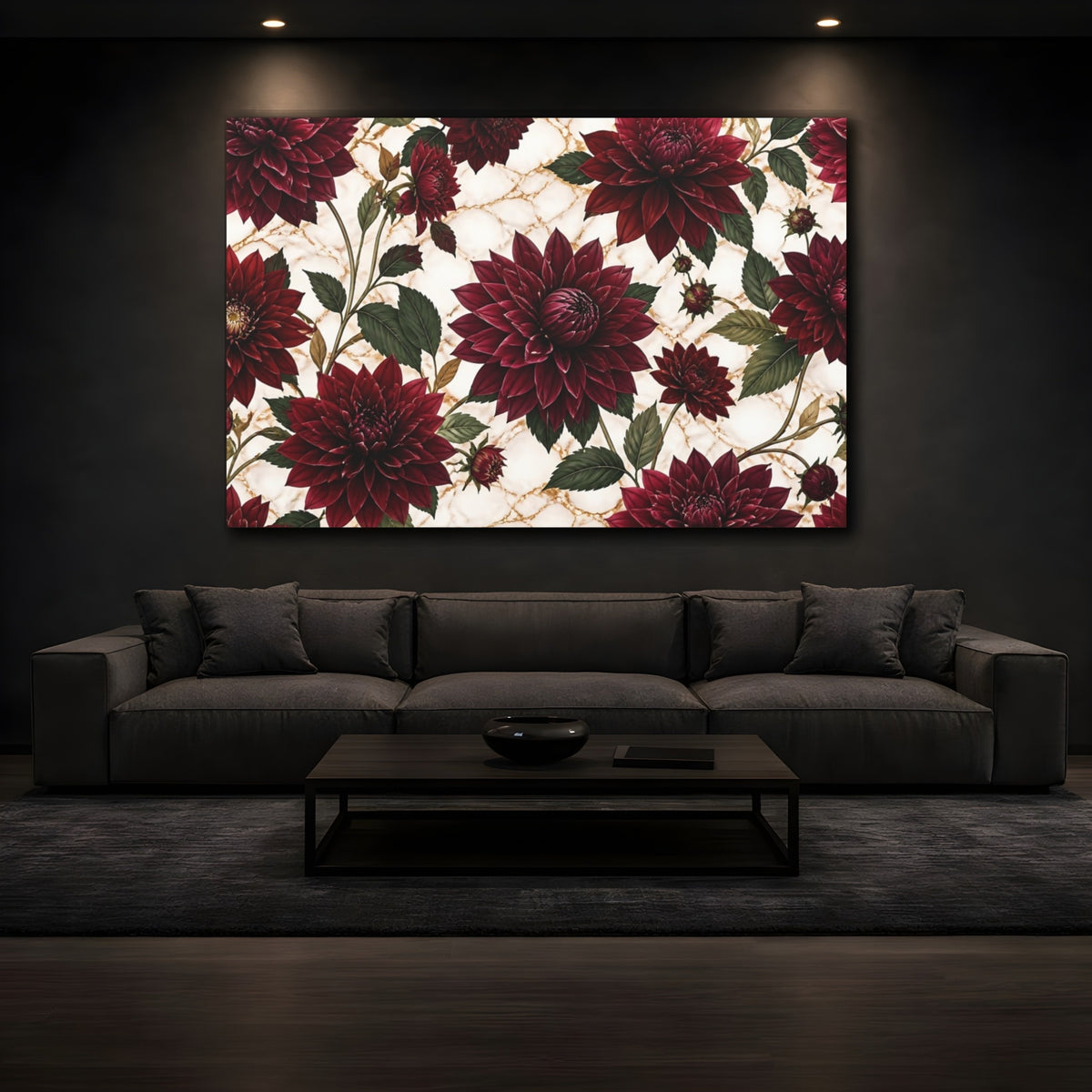 Mockup 3. Floral Burgundy Dahlia Pattern shown as canvas print