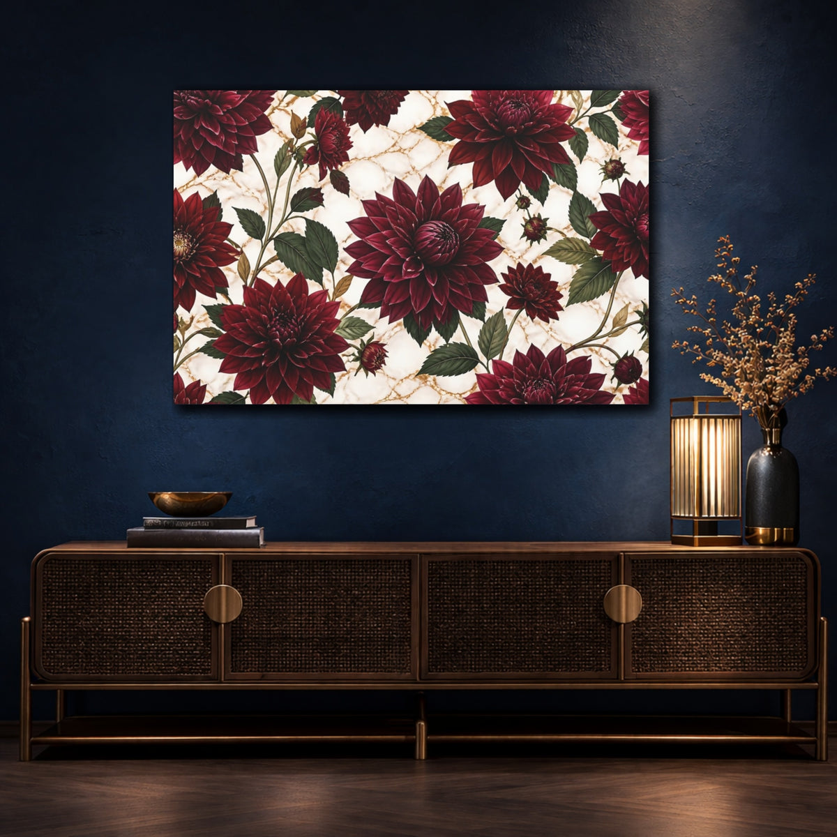 Mockup 4. Floral Burgundy Dahlia Pattern shown as canvas print