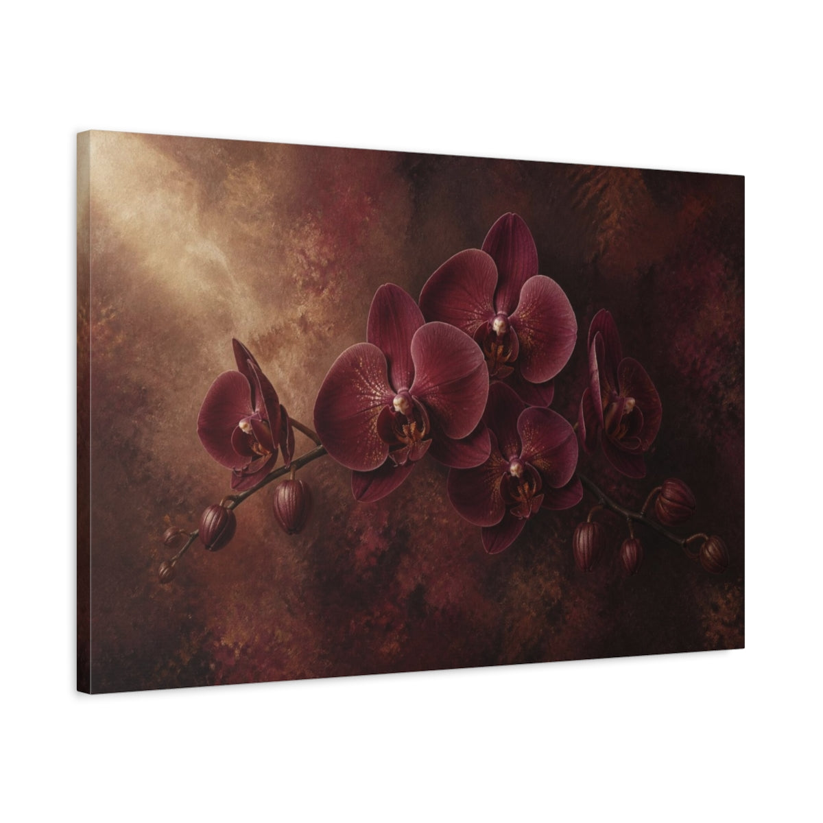 Side Mockup 2. Floral Burgundy Orchid shown as canvas print