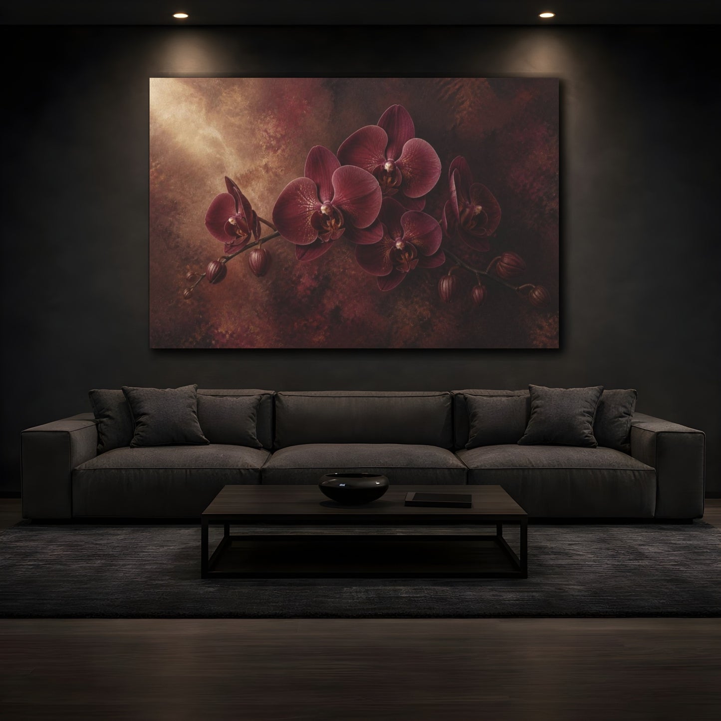Mockup 3. Floral Burgundy Orchid shown as canvas print