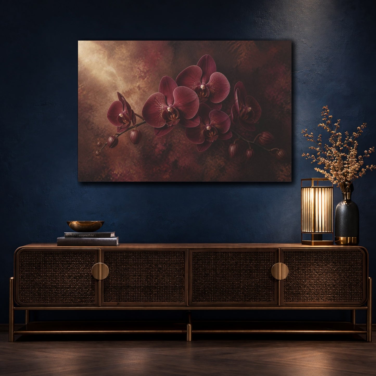 Mockup 4. Floral Burgundy Orchid shown as canvas print