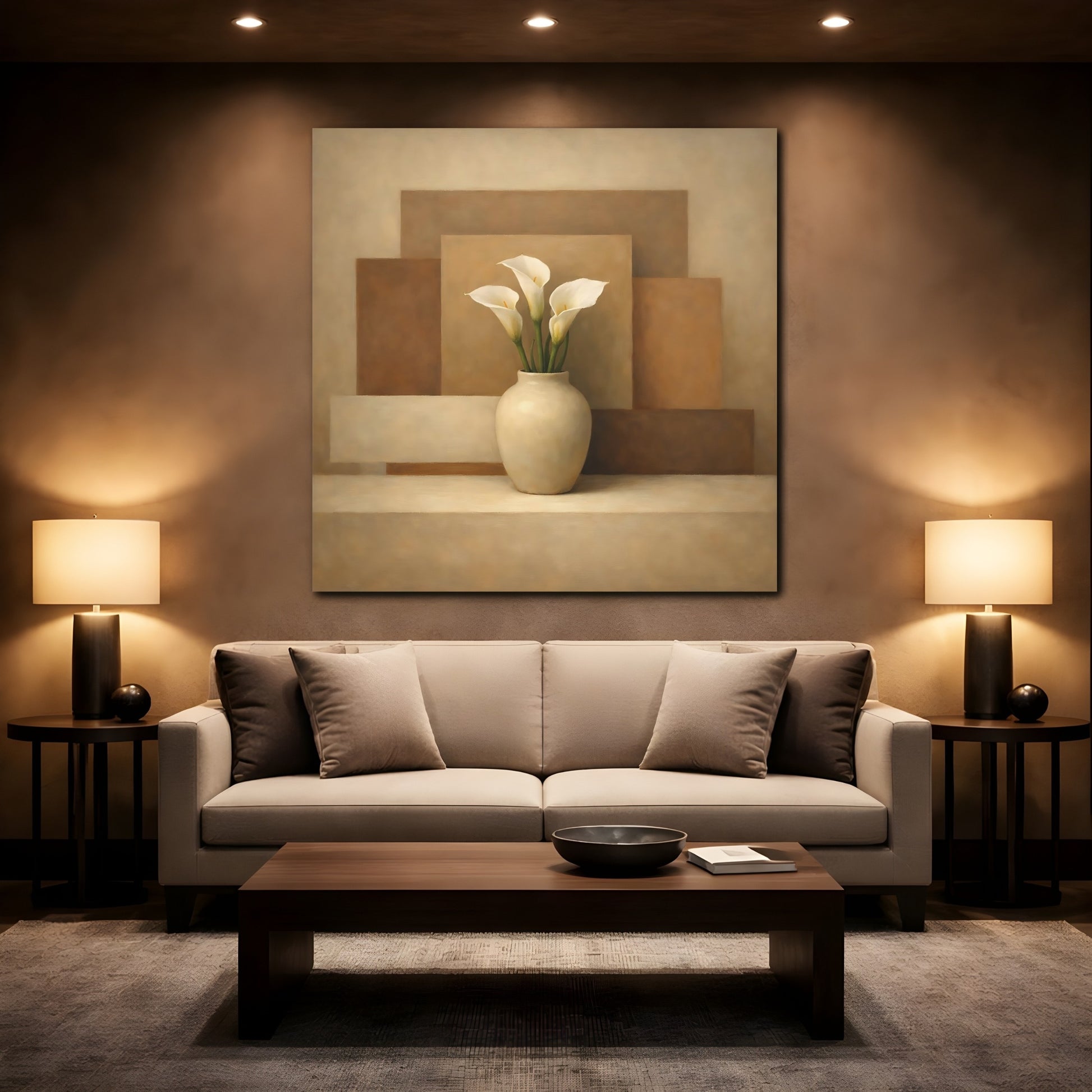 Mockup 2. Floral Calla Lilies Brown And Beige Calla Lilies shown as stretched canvas wall art