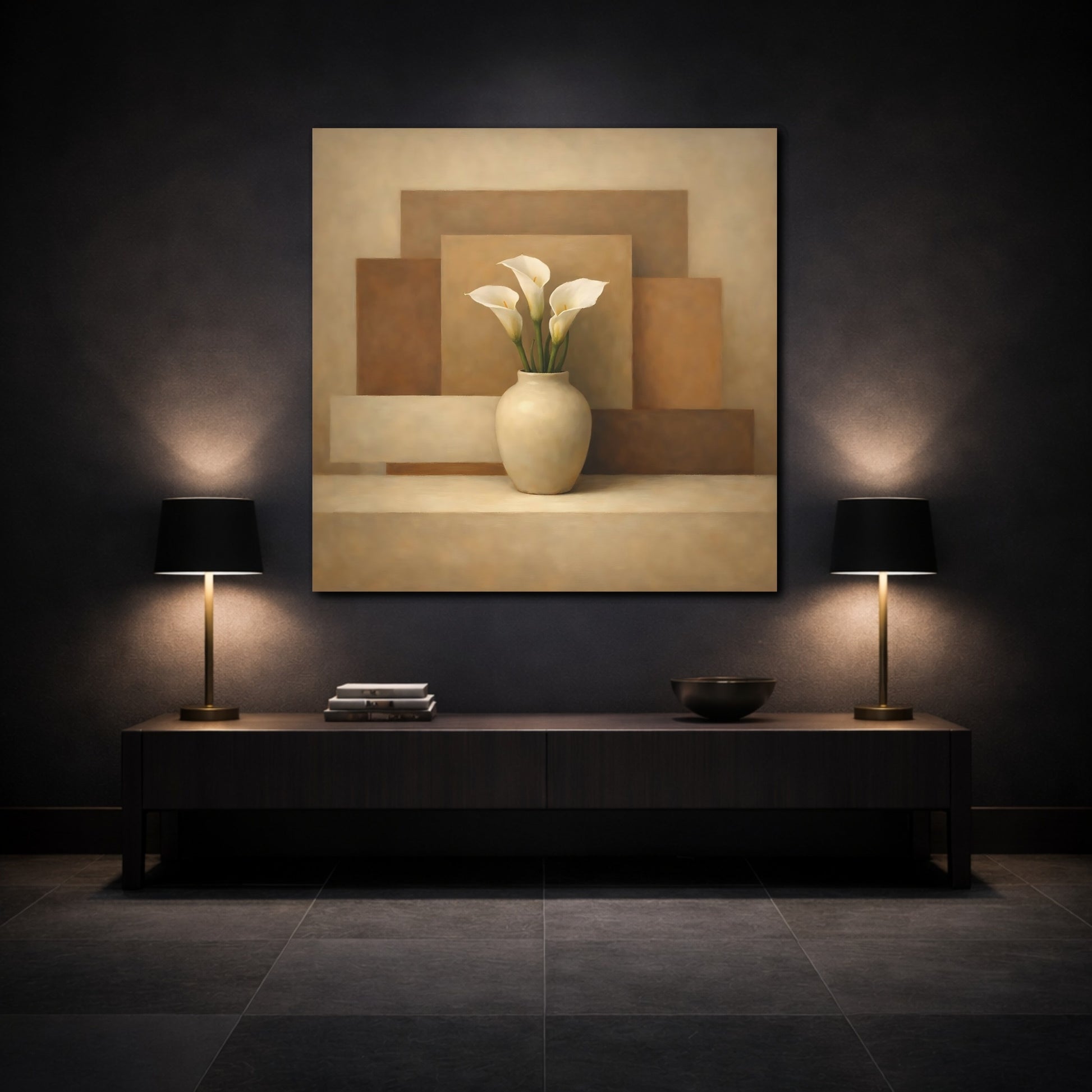 Mockup 3. Floral Calla Lilies Brown And Beige Calla Lilies shown as stretched canvas wall art