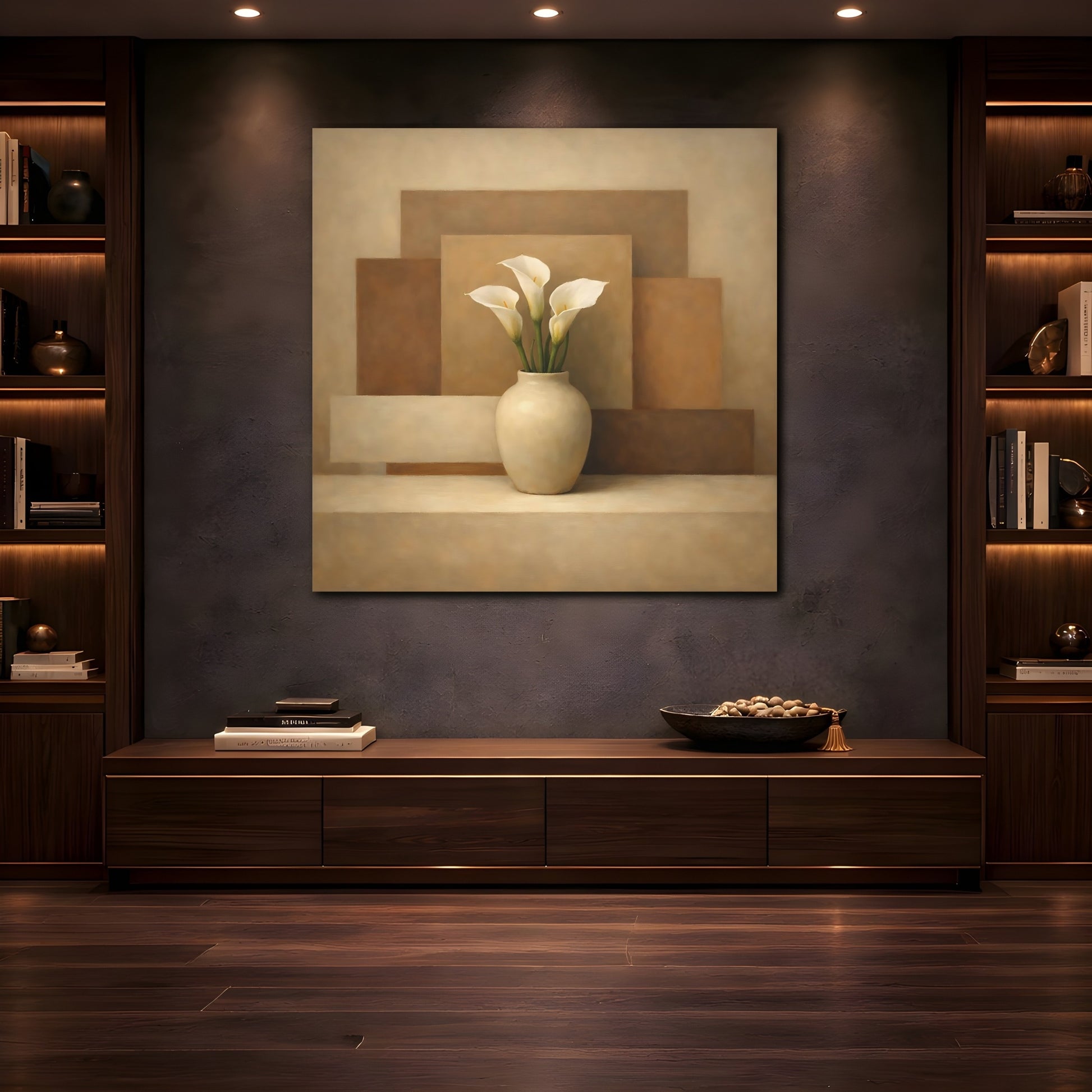 Mockup 4. Floral Calla Lilies Brown And Beige Calla Lilies shown as stretched canvas wall art
