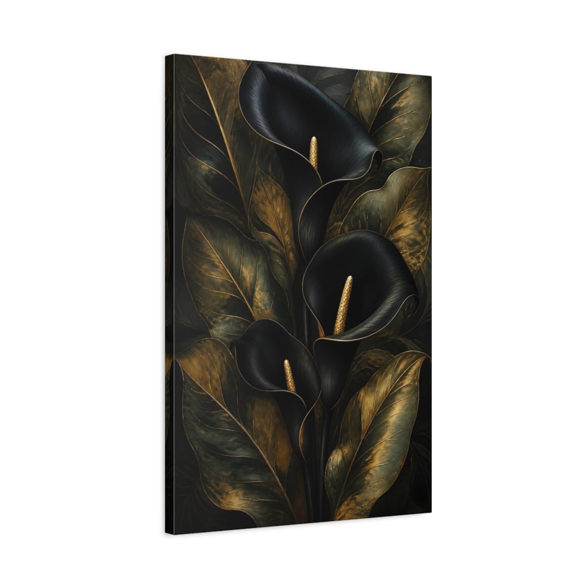 Floral Calla Lily Black And Gold Canvas Print – Living Room, Above Sofa - YesArtYes