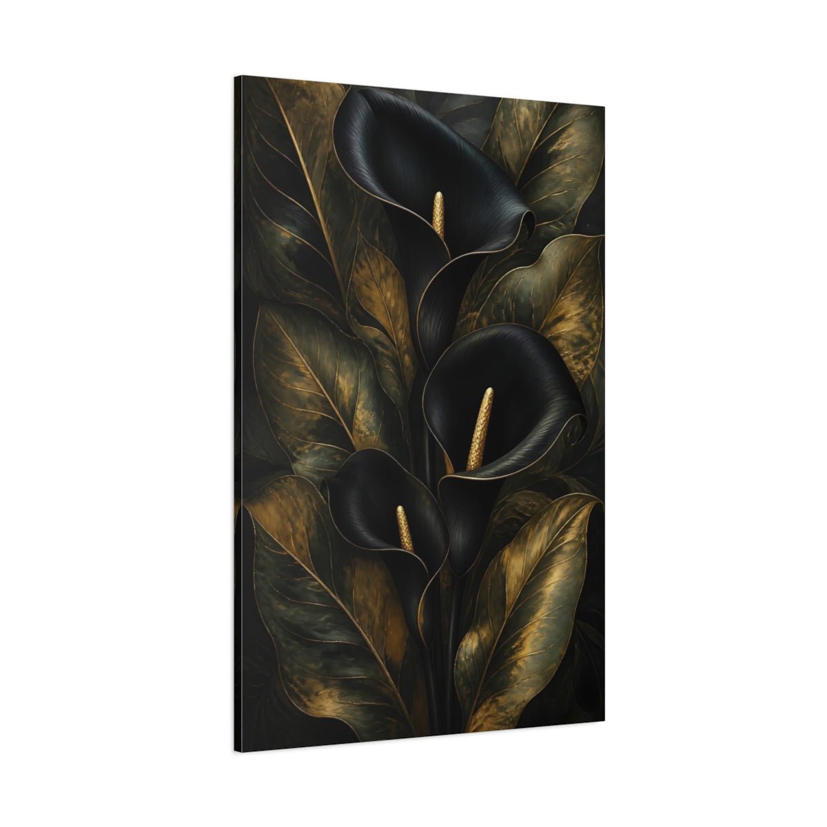 Floral Calla Lily Black And Gold Canvas Print – Living Room, Above Sofa - YesArtYes