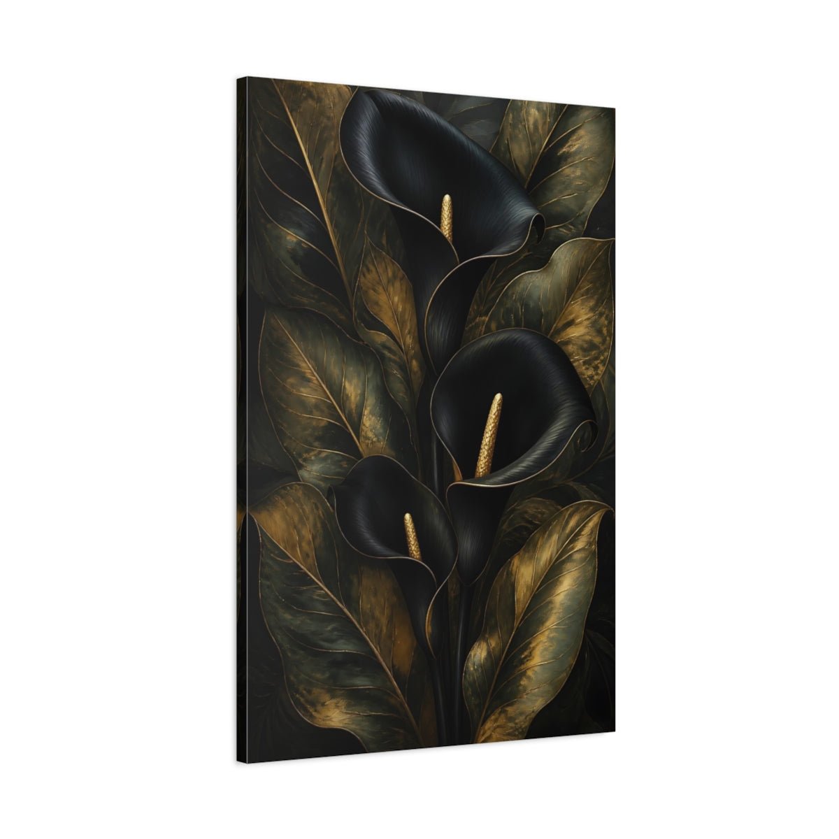 Floral Calla Lily Black And Gold Canvas Print – Living Room, Above Sofa - YesArtYes