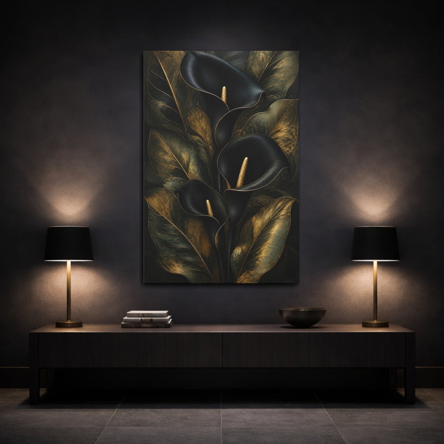 Floral Calla Lily Black And Gold Canvas Print – Living Room, Above Sofa - YesArtYes