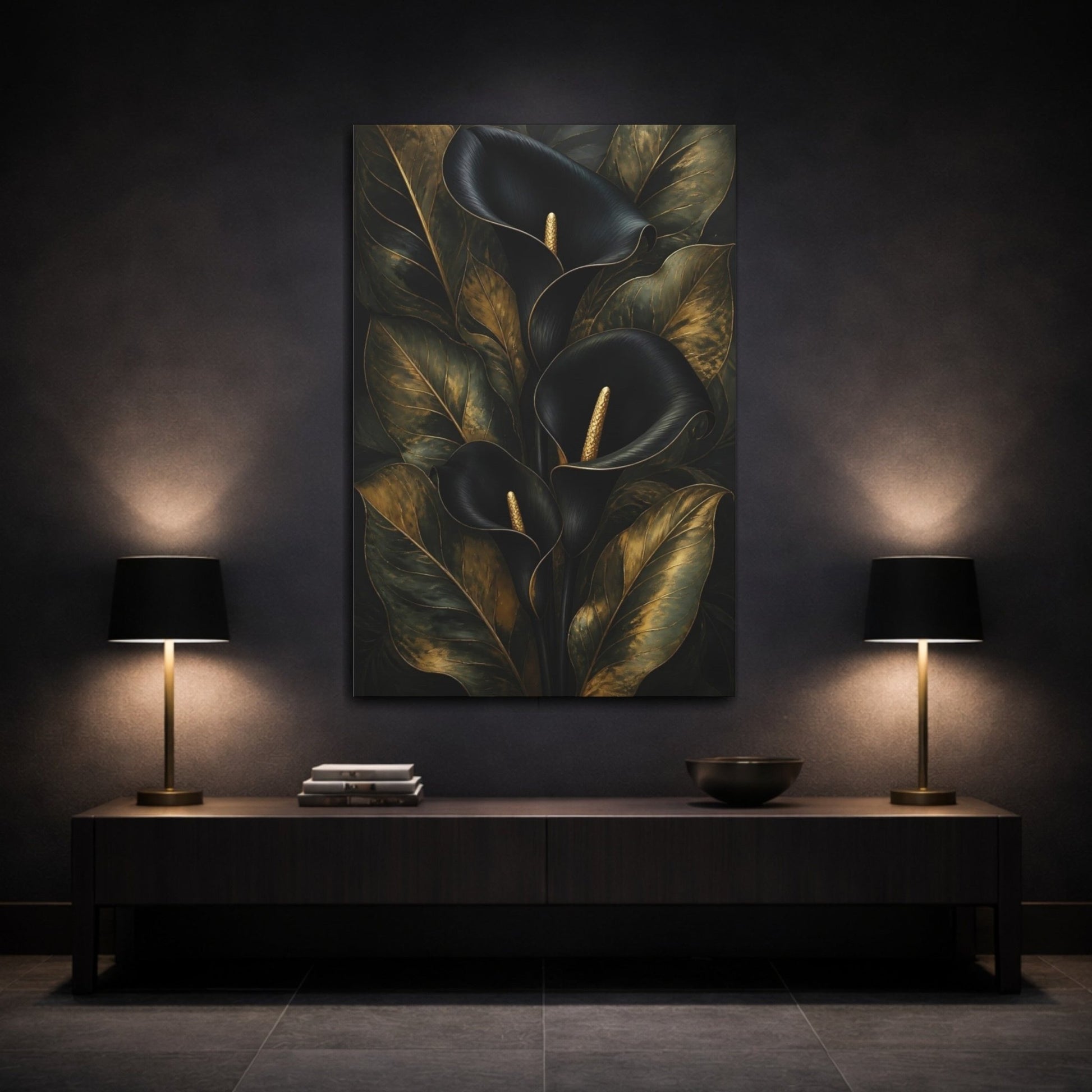 Floral Calla Lily Black And Gold Canvas Print – Living Room, Above Sofa - YesArtYes