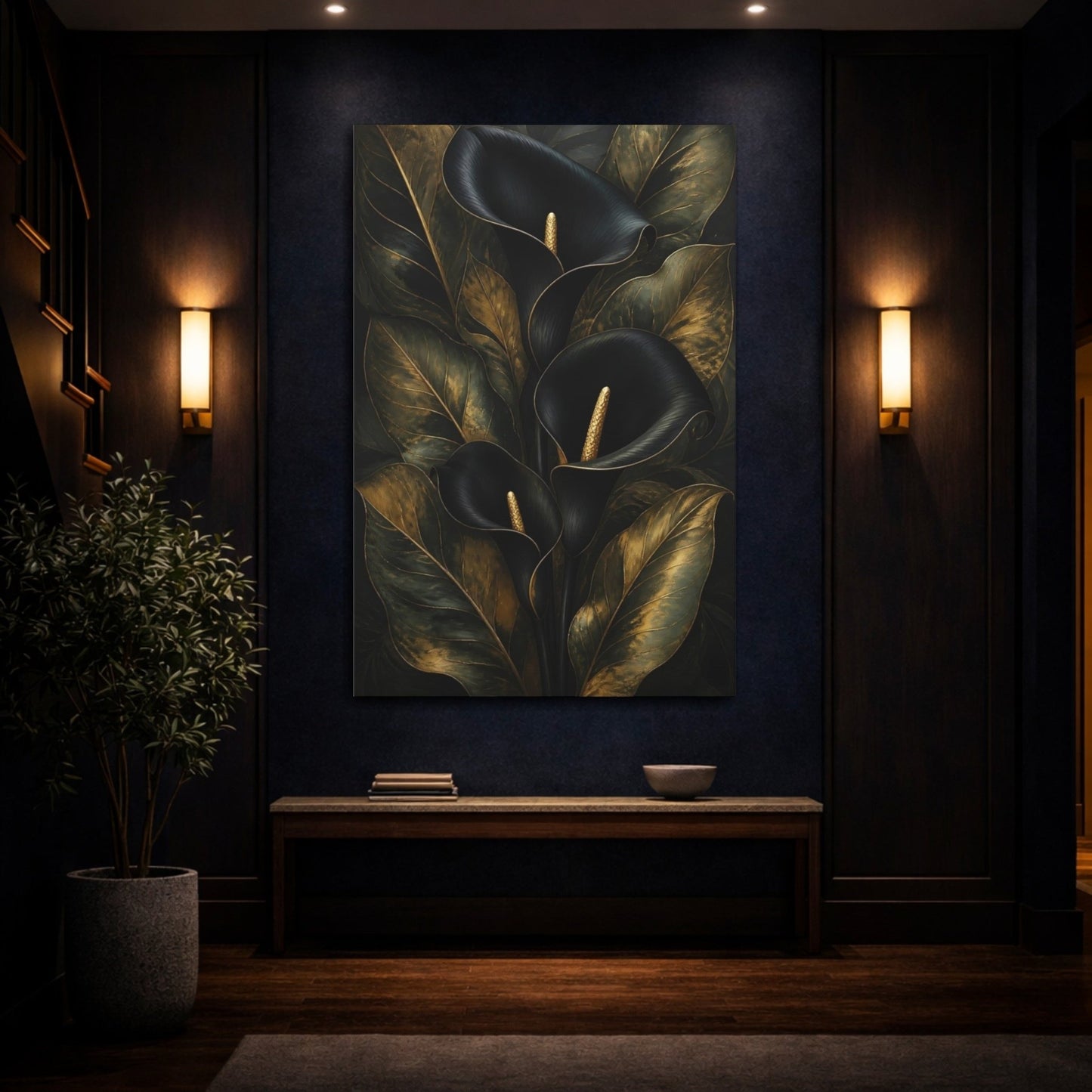 Floral Calla Lily Black And Gold Canvas Print – Living Room, Above Sofa - YesArtYes