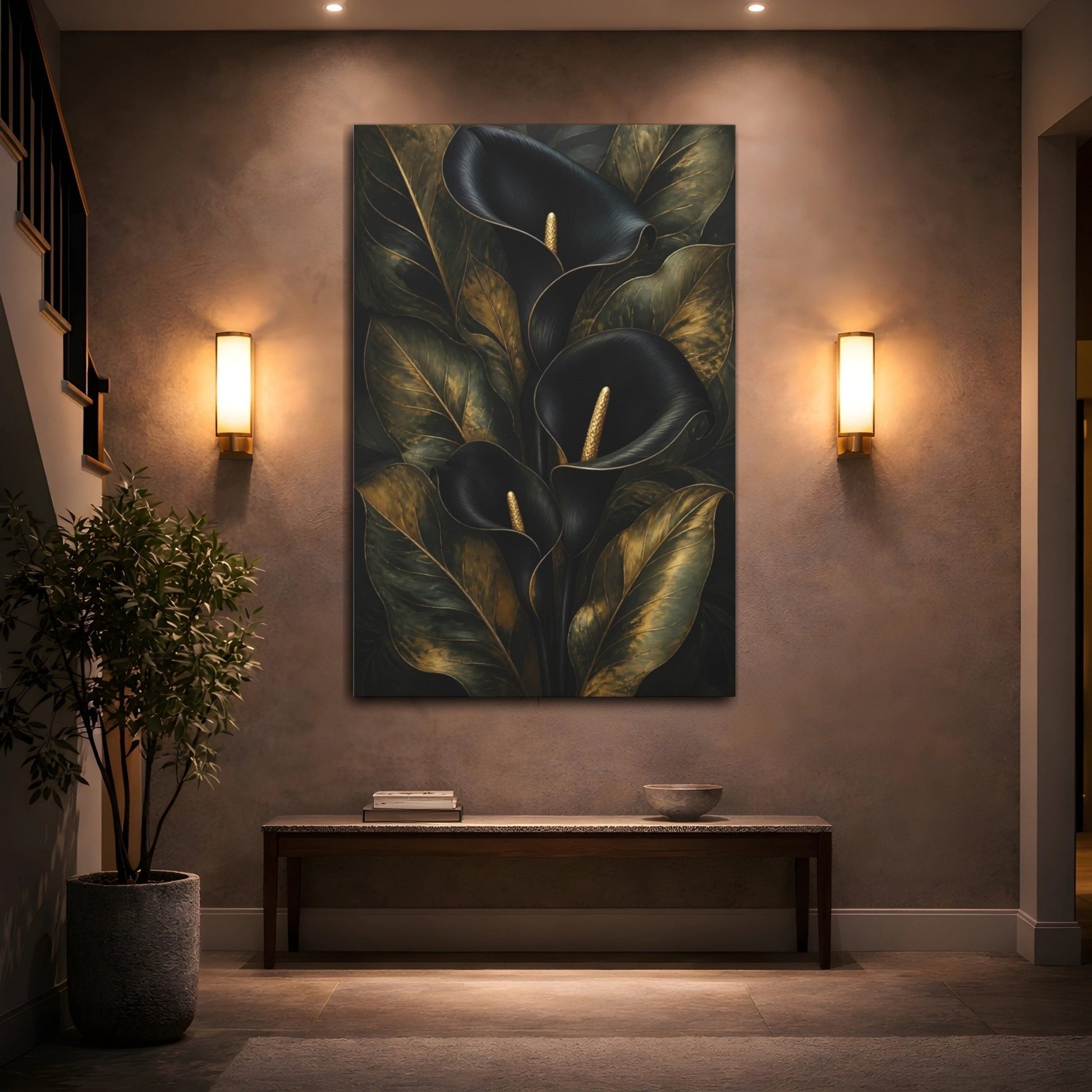 Floral Calla Lily Black And Gold Canvas Print – Living Room, Above Sofa - YesArtYes
