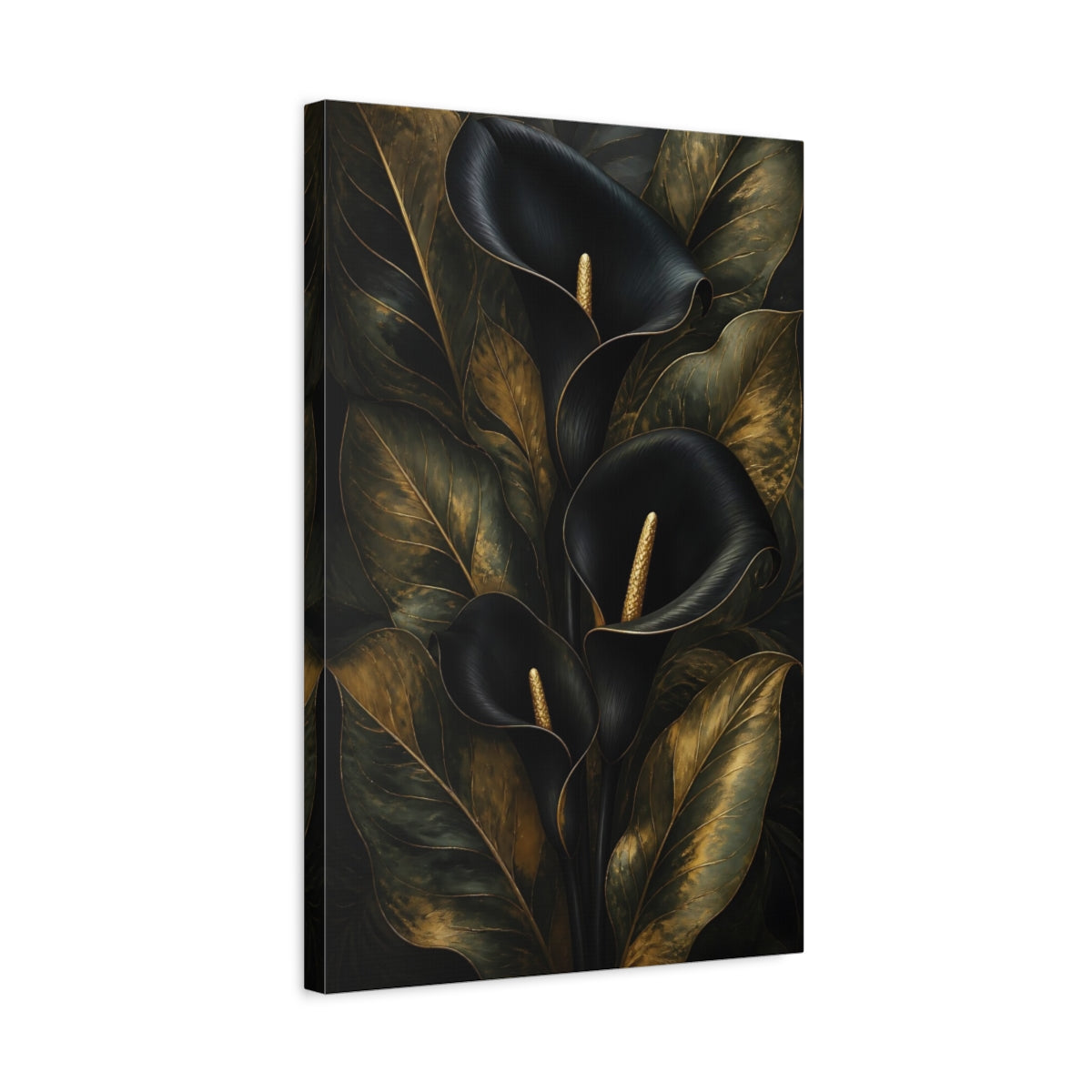 Side Mockup 3. Floral Calla Lily Black And Gold shown as canvas print