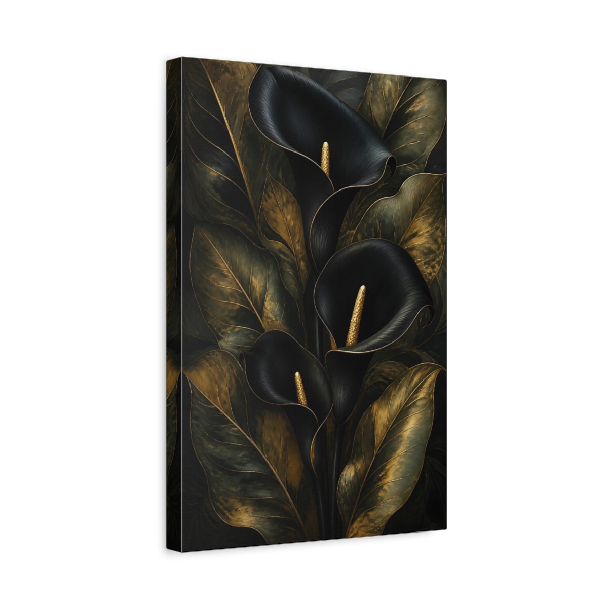 Side Mockup 4. Floral Calla Lily Black And Gold shown as canvas print