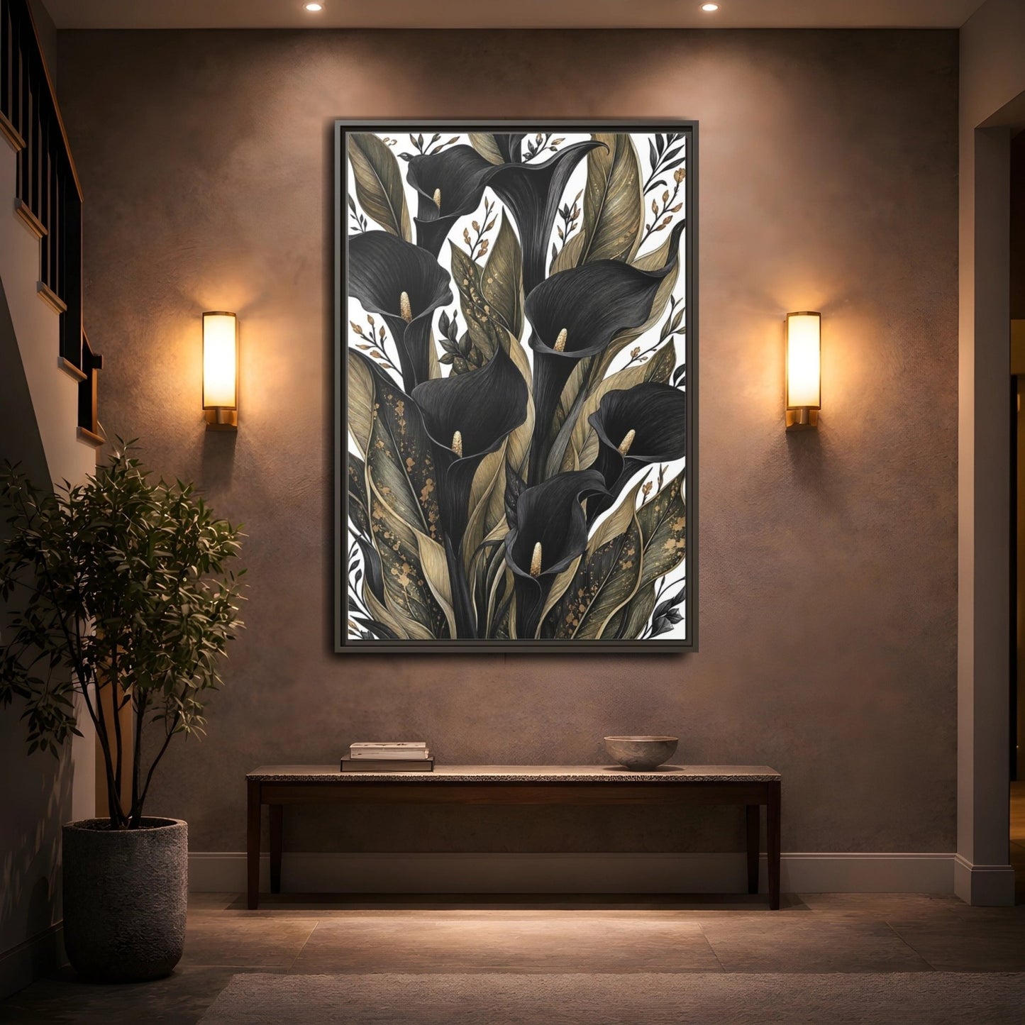 Floral Calla Lily Black And Gold Framed Canvas Print – Living Room, Above Sofa - YesArtYes