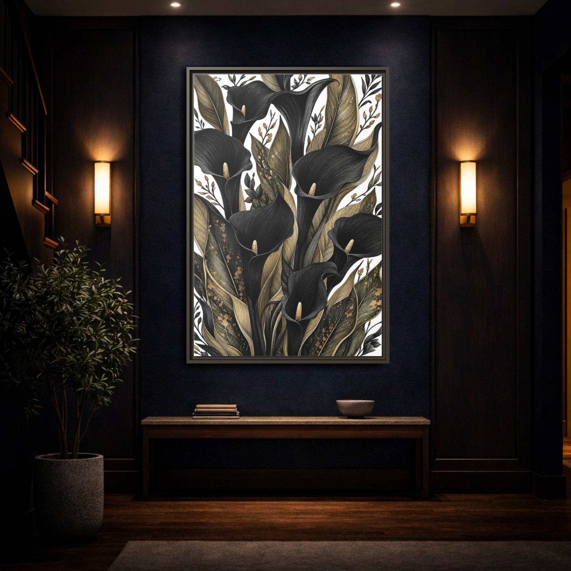 Floral Calla Lily Black And Gold Framed Canvas Print – Living Room, Above Sofa - YesArtYes